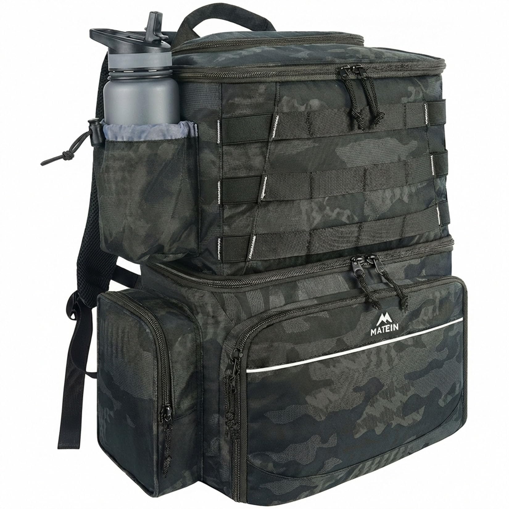 MATEIN Mochila de Pesca Impermeable con Compartimento Térmico, Mochila Pesca Doble Compartimento con Portacañas y Múltiples Bolsillos para Senderismo y Camping, Regalo para Pescadores, Camuflaje