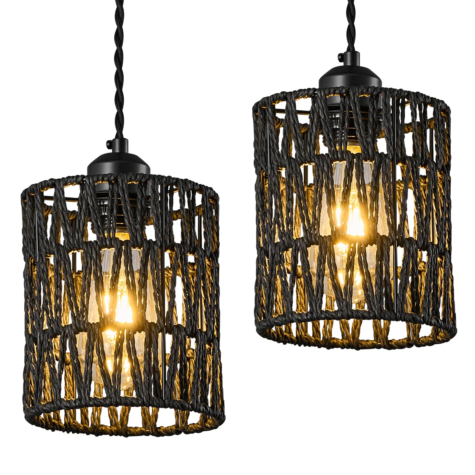Black Woven Pendant Lights Boho Hanging Lamp, Rattan Chandelier Farmhouse Pendant Light Fixtures for Kitchen Island Dining Room Bedroom Bar (2Pack)
