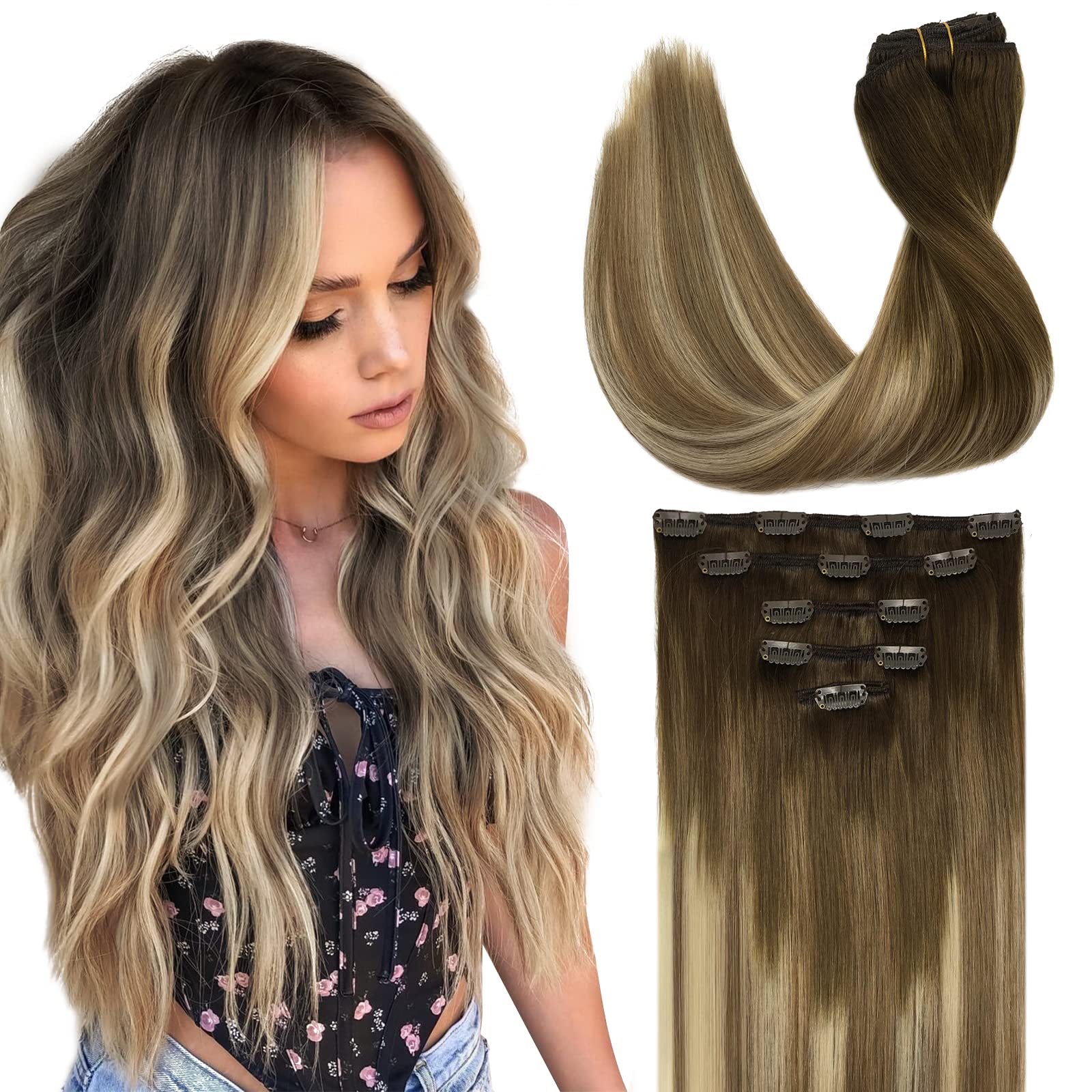 DOORES Clip in Human Hair Extensions, 5pcs 80g 20 Inch Walnut Brown to Ash Brown and Bleach Blonde Balayage Straight Natural