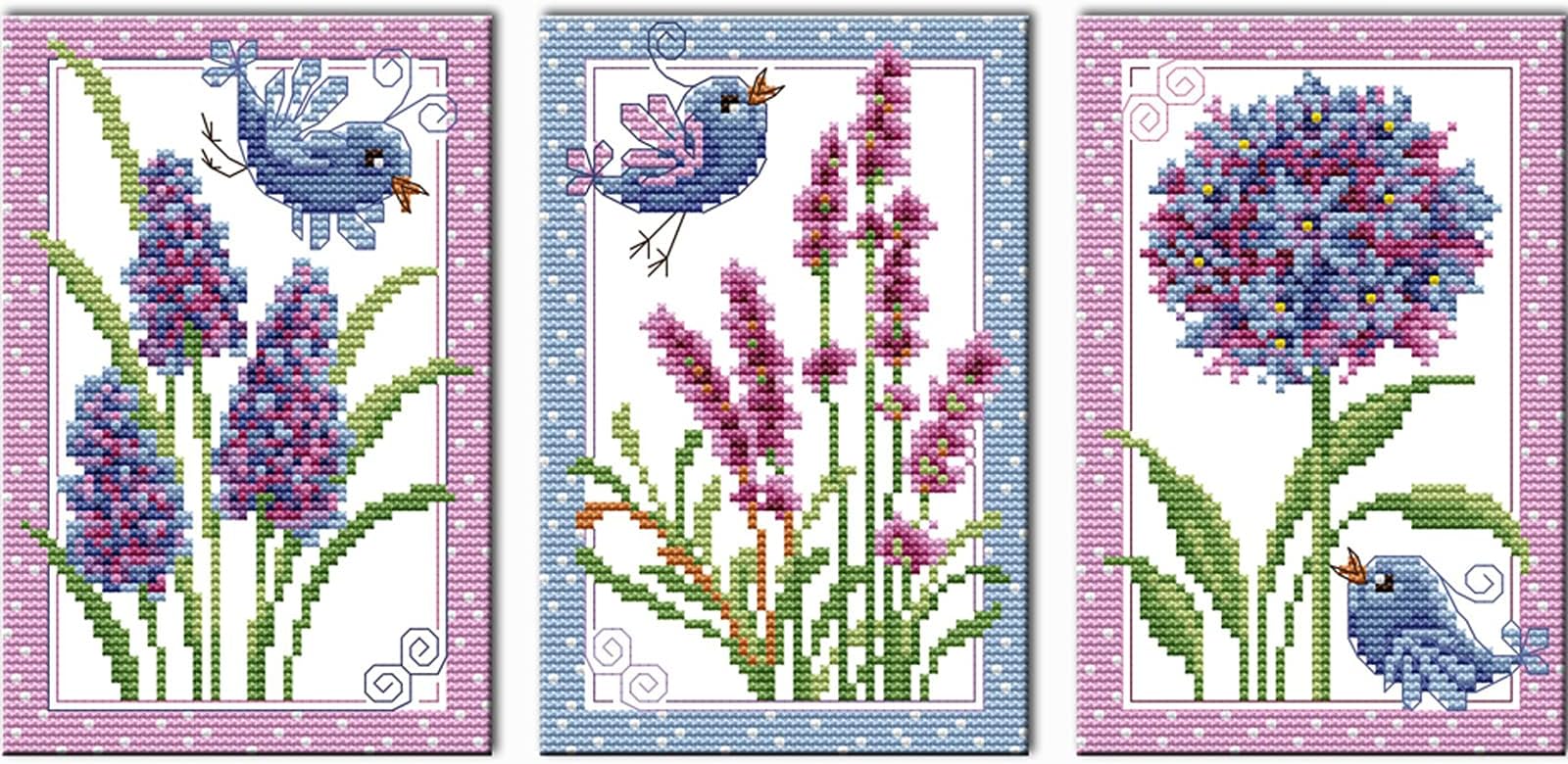 CROSSDECOR Stamped Cross Stitch Kits Full Range of Easy Patterns Embroidery Starter Kits for Adults，Printed Cross-Stitch Kits for Home Decor DIY 11CT 3 Strands-Birds and Flowers，24x10.2 inch