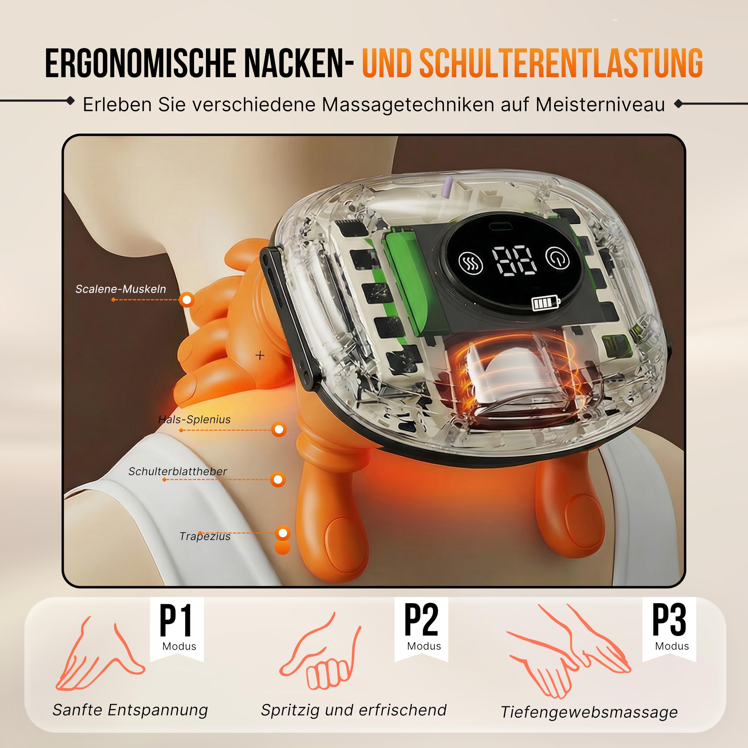BeFit24 Nackenmassagegerät mit Wärmefunktion – Kabelloser Schulter- & Nackenmassager mit 4D Tiefenmassage, LED-Display, Wiederaufladbares Massagegerät gegen Nackenverspannungen und Muskelschmerzen
