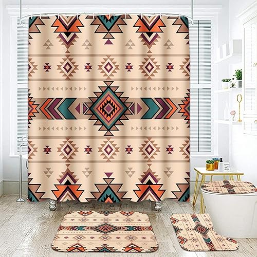 ArtSocket Juego de baño retro bohemio con cortina de ducha y accesorio de alfombras, tradicional rombo de verano, cortina de ducha abstracta Retro