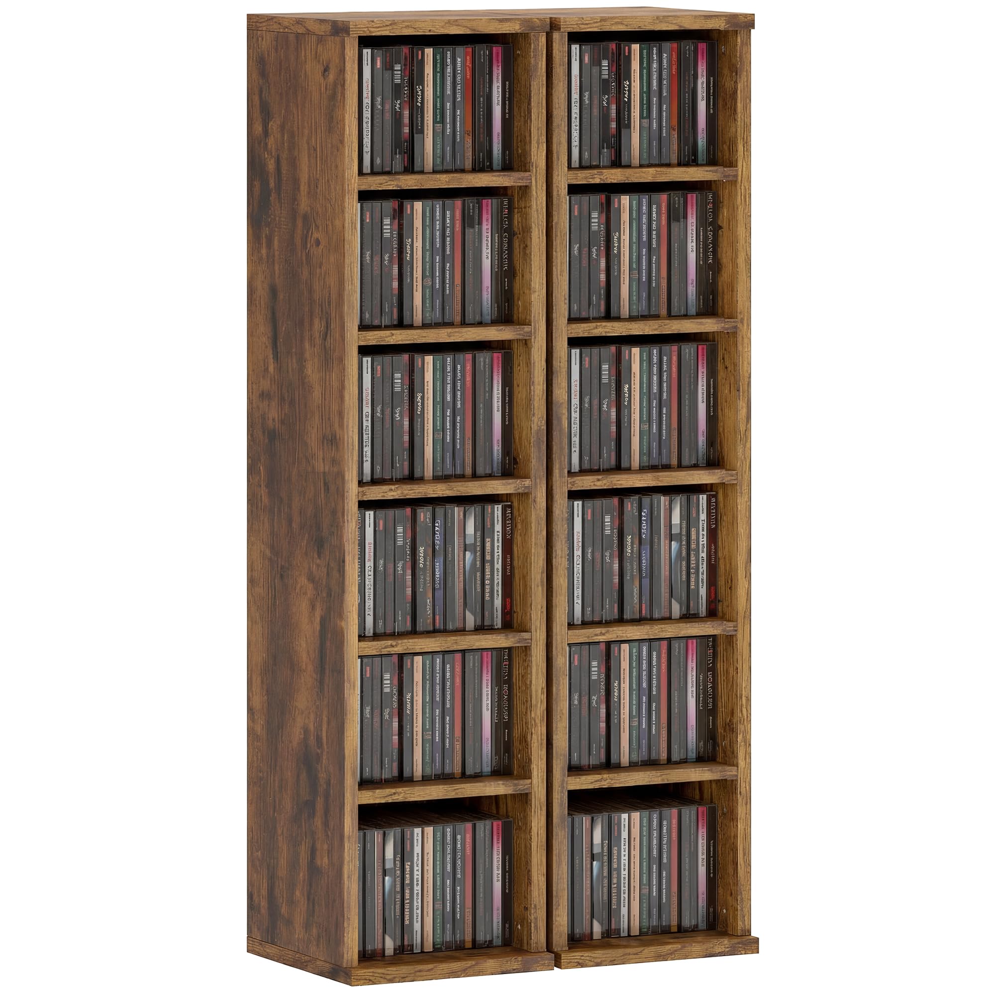 HOMCOM 204 CD Storage Units Set of 2, Blu-Ray Tower Rack with Adjustable Shelves, Bookcase Storage Organiser, Rustic Brown