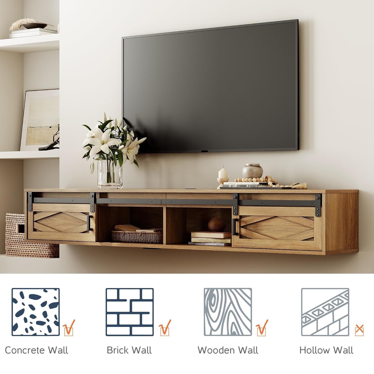 WAMPAT Floating TV Stand for TVs up to 80 Inch, Wood Entertainment Center with Charging Station, Sliding Barn Door Floating TV Shelf for Living Room,Brown