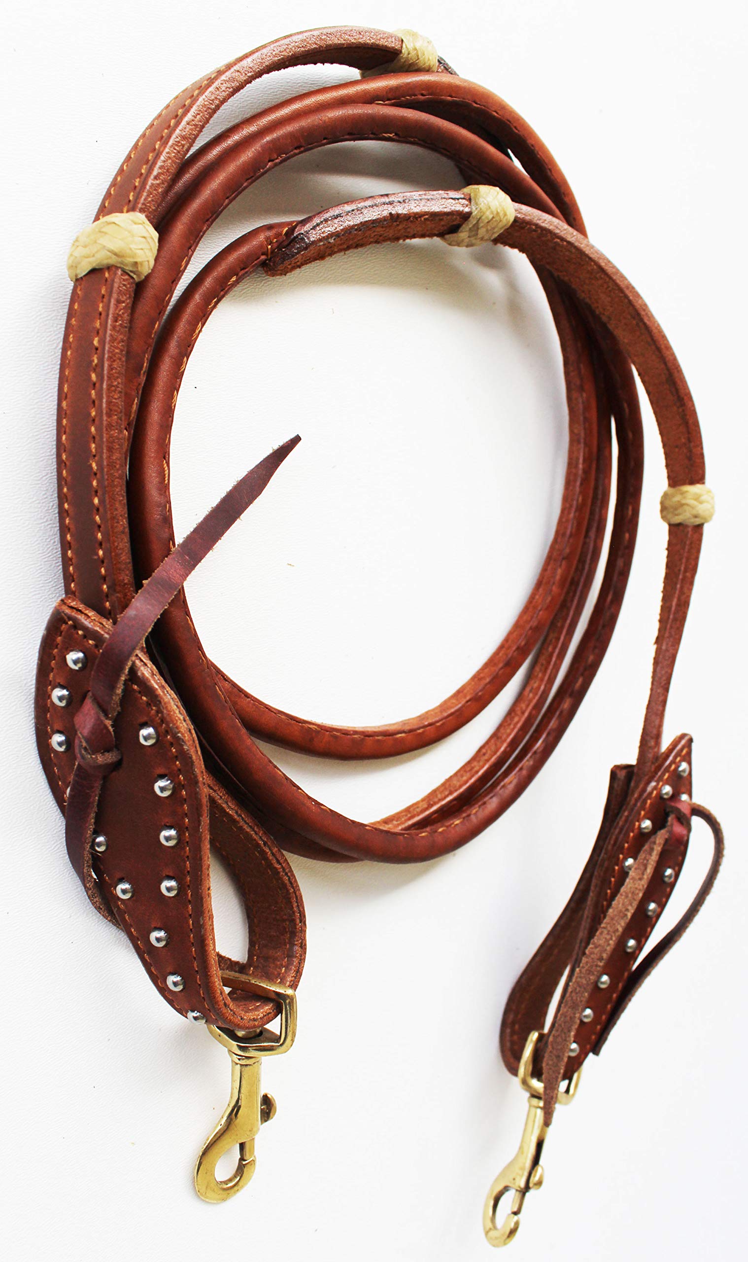 CHALLENGERHorse Western Amish Leather Rolled Tie End Barrel Reins Brass Rawhide 66RT13