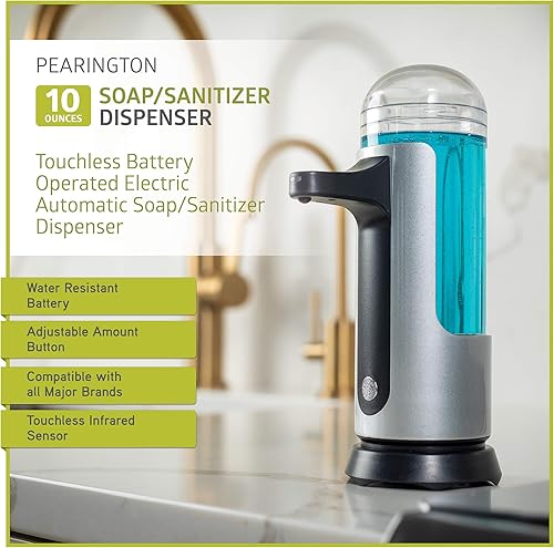 Miniatura 2 de Pearington Dispensador automático de jabón y desinfectante eléctrico sin contacto premium, funciona con pilas, plateado, 10 onzas, 1 paquete
