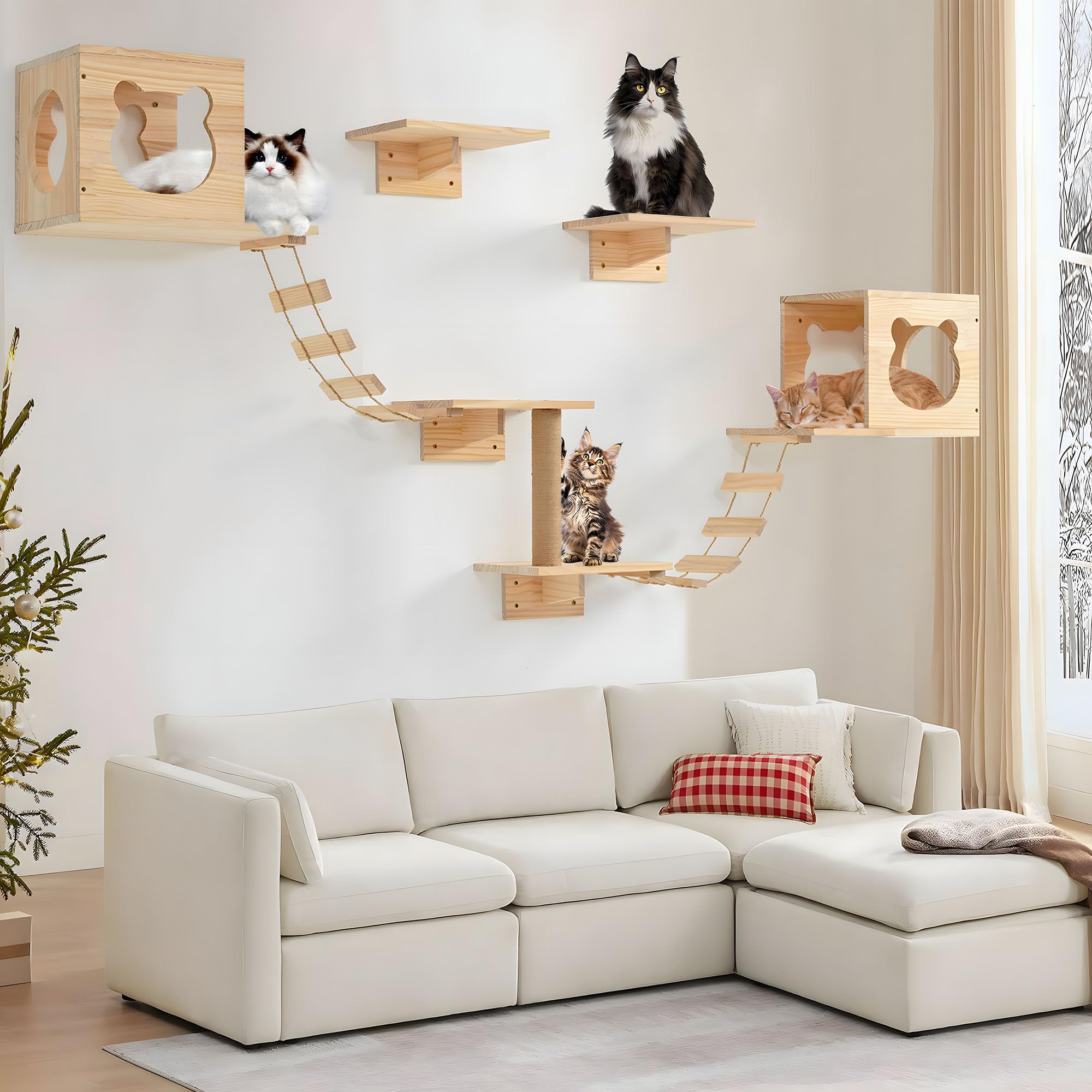 Photo 1 of PETKABOO Cat Wall Shelves and Perches, Pine Wooden Cat Wall Furniture Climbing Shelves with Climber, Condo, Scratching Post, Ladder & Platform