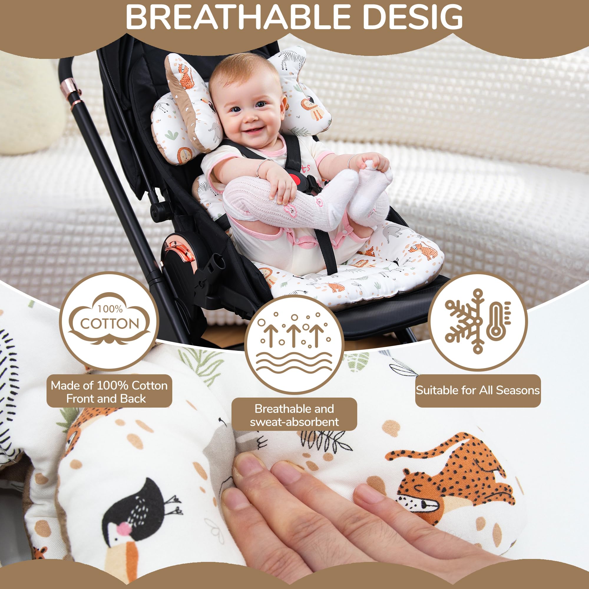 LAT Coussin Poussette Universelle, Réversible Coussin de Siège pour Poussette, Respirant Matelas Poussette Universelle, Reducteur Siege Auto Bebe Universel avec Appuie-tête Amovible (Animaux)