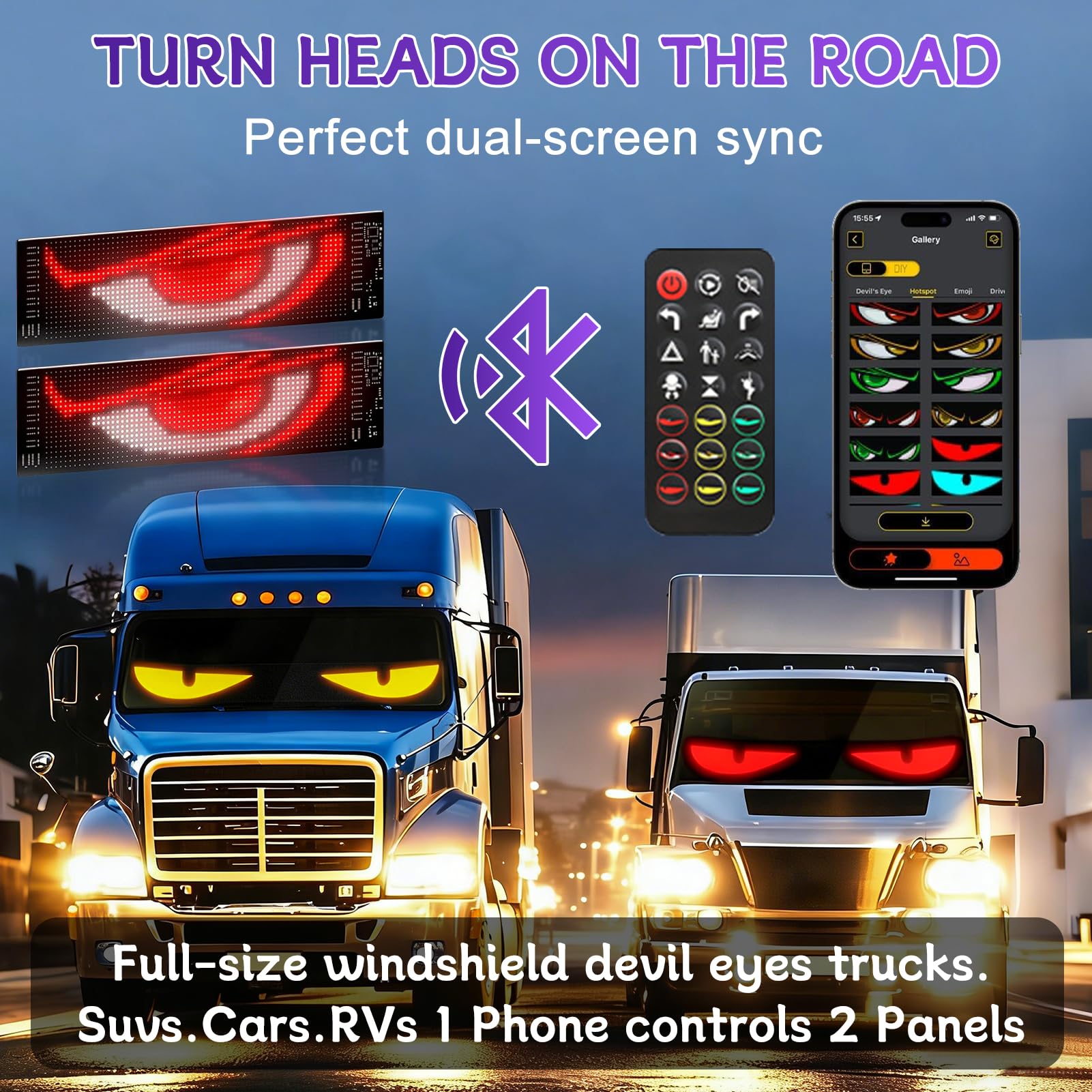 2er Devil Eyes LED Augen für Auto & LKW, 70mm*170mm, Programmierbare Flexible LED-Panel, Wasserdicht IP65, Fernbedienung & Bluetooth APP, Geeignet für Autos, LKWs, Party, Billboard