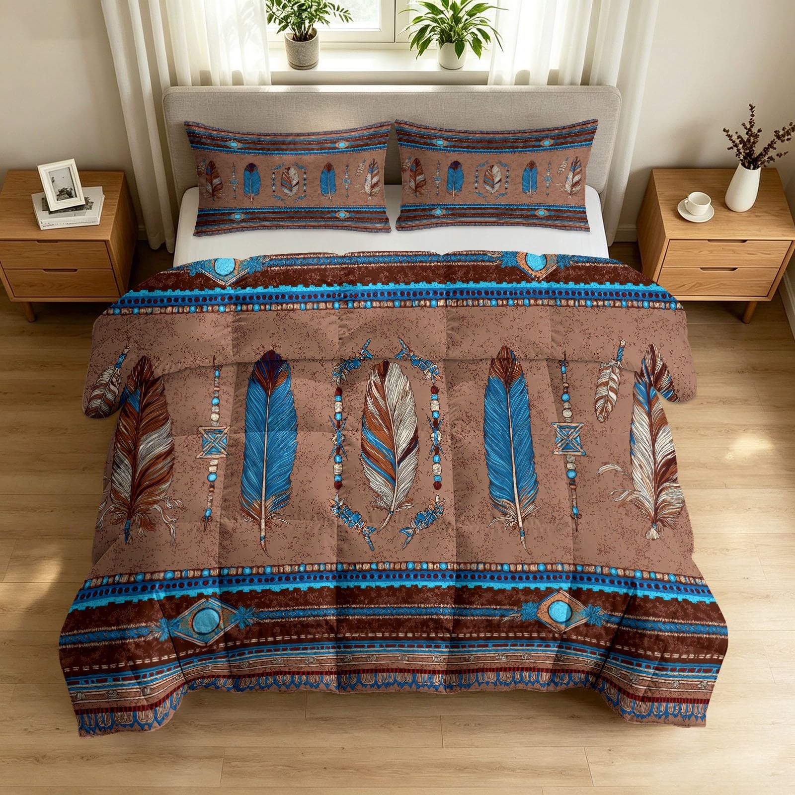 Kołdra etniczna w stylu vintage, 240 x 220 cm, na 4 pory roku, brązowa – zimowa i letnia, miękka, nadająca się do prania, bez poszewki z piórkami, geometryczny brzeg, antyalergiczna kołdra pikowana