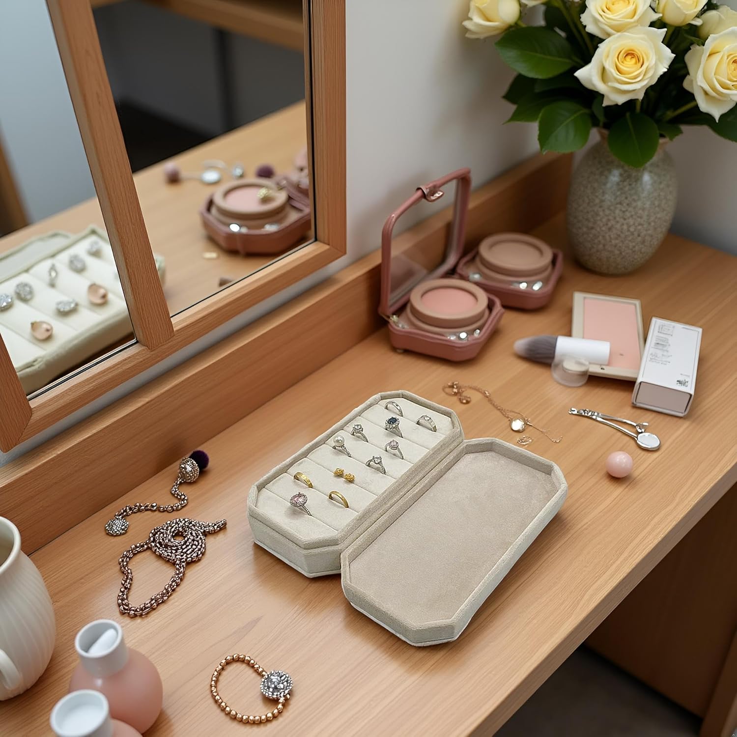 Velvet Ring Organizer Box - Ring Jewelry Box for Rings Earring, Jewelry Tray Rings holder Display Case for Girl Women (8.07"x4.13"x2.16") -PRB024-Beige