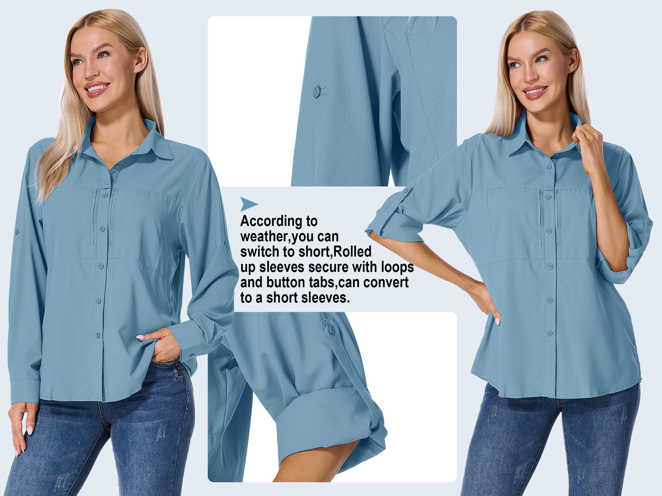 Shirts Damen UV Shirt UPF 50+ Safari Kleidung Wanderbluse Damen Hemdbluse Outdoor Atmungsaktiv Quick Dry Sonnenschutz Langarmshirt Bluse