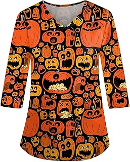 Women Costumes 2023 Halloween 3/4 Sleeve Tops Fall Casual Loose Shirt Pumpkin Bat Print Pocket Tee Shirt Halloween Costumes for Women Ladies Fashion Graphic Top Women Comfy Pullover Shirts