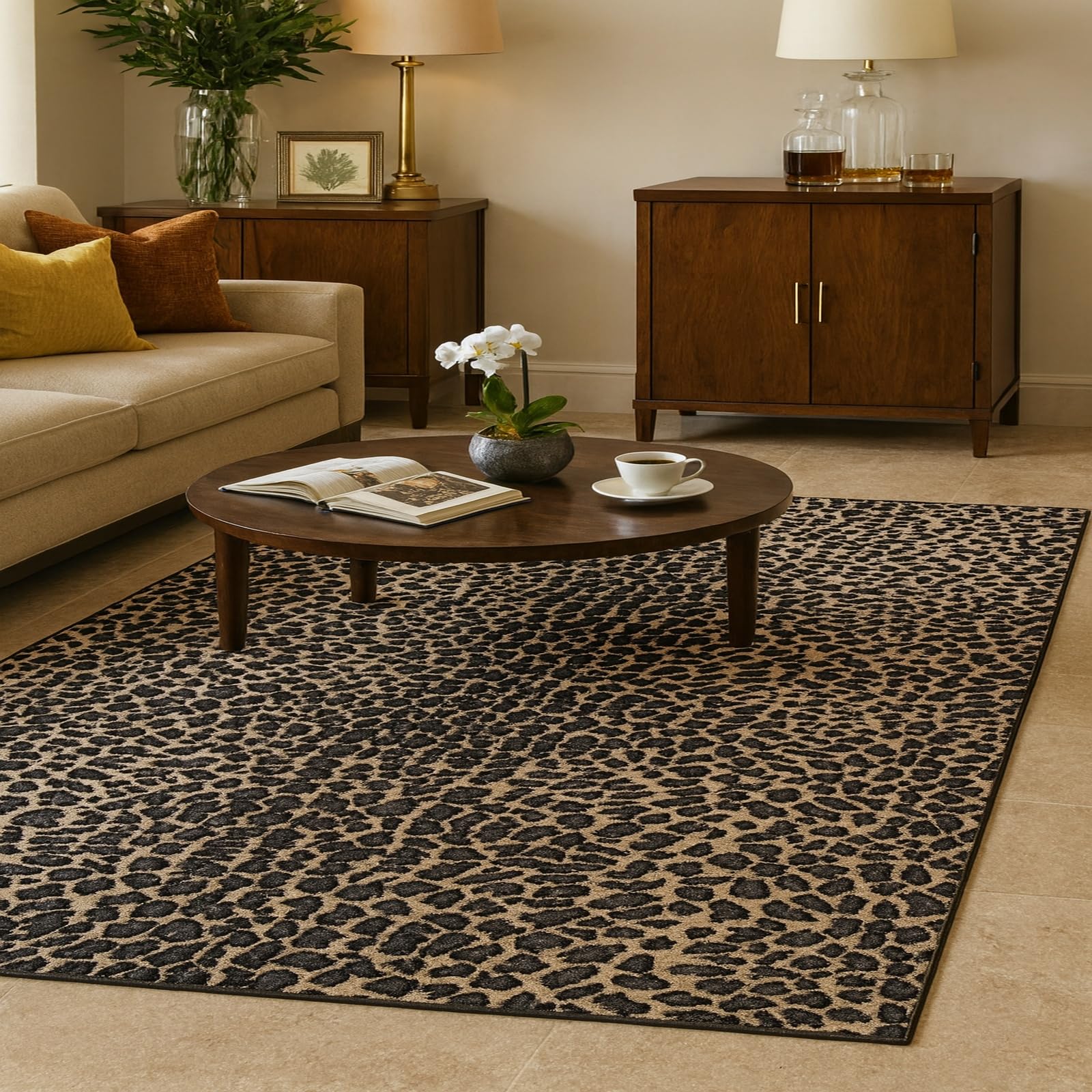 Tapis lavable en machine pour salon et chambre style rétro beige
