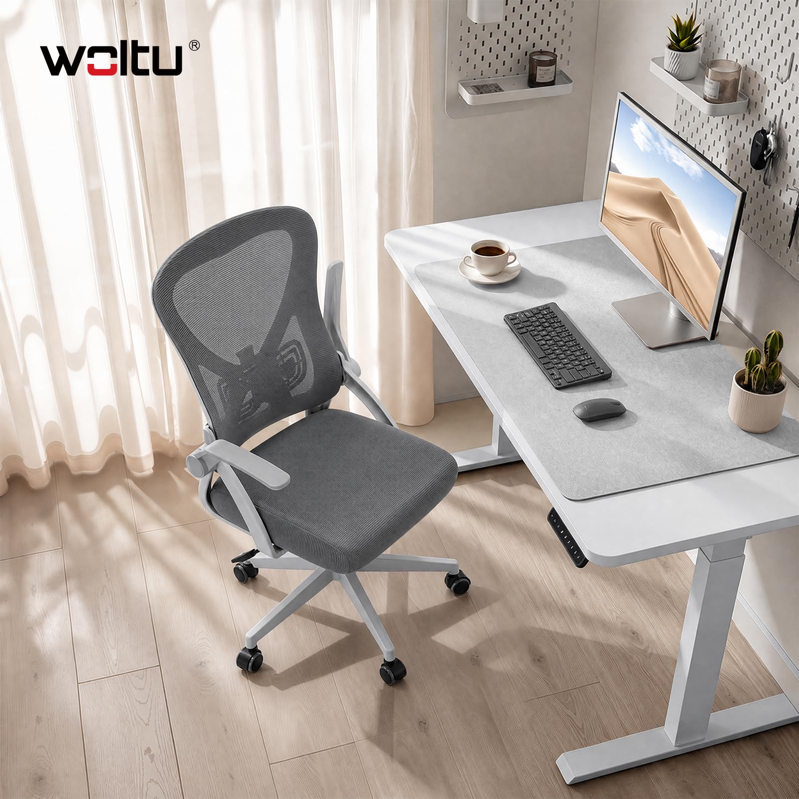 WOLTU Silla de Oficina Ergonómica, Silla de Escritorio, Gris | Soporte Lumbar y Ruedas, Función Oscilante y Giratoria de 360°, Altura y Reposabrazos Ajustable, para Estudio u Oficina