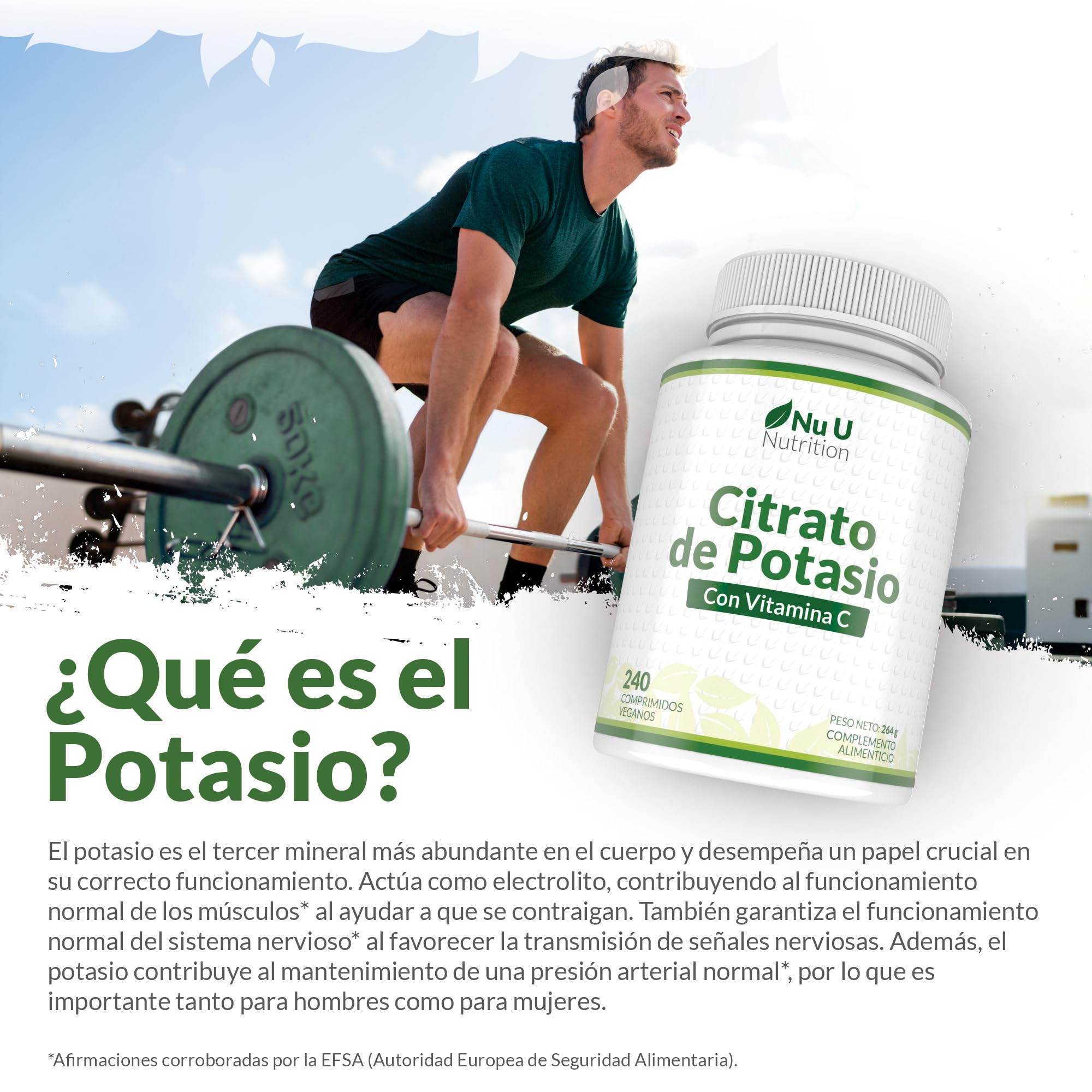 Potasio 1550mg con Vitamina C - 240 Comprimidos Veganos - Suministro Para 4 Meses - 500mg de Citrato de Potassium Activo de Alta Potencia - Fabricado en Europa - Nu U Nutrition