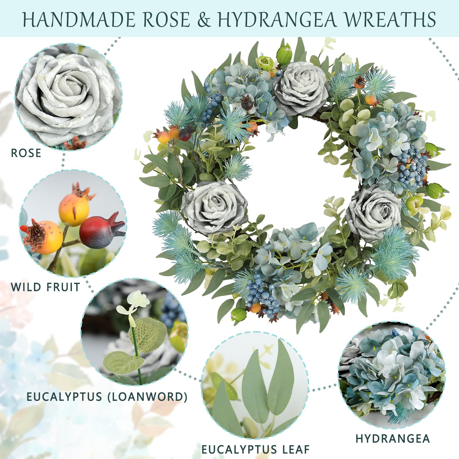 Ghrdopy 22 Inch Blue Hydrangea Rose Wreaths for Front Door, Artificial Spring Summer Flower Wreath All Seasons Home Decor, Farmhouse Wall Window Porch Parties Valentines Weddings Indoor Outdoor Decor