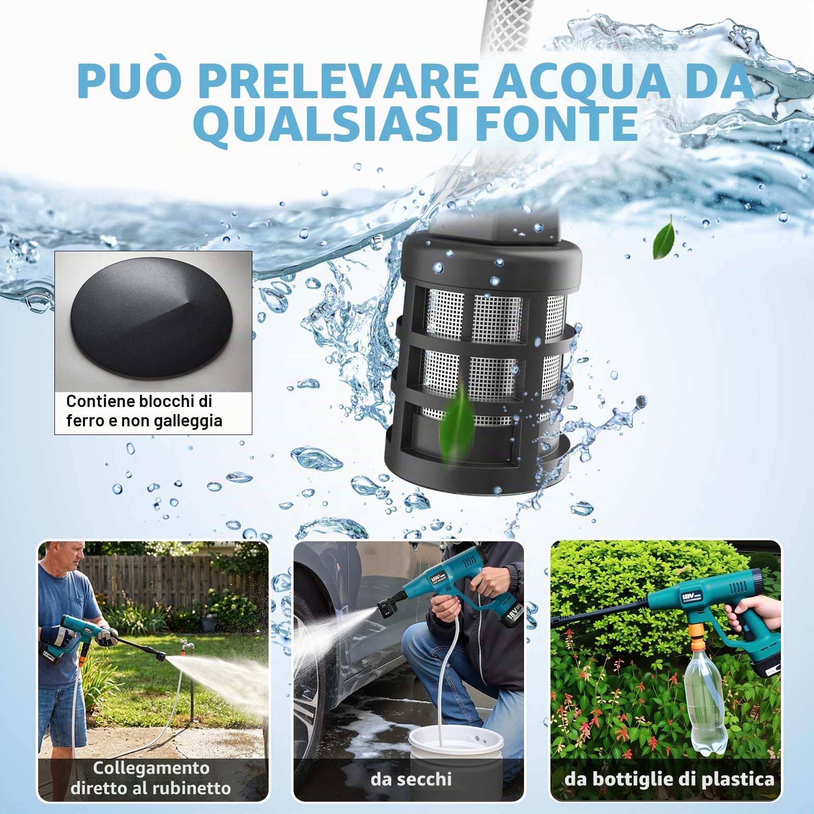 Idropulitrice per Makita-18V Batteria con Ugello 6 in 1, Tubo Flessibile da 6,5 m, Collegamento a Rubinetto e Bottiglia Diretto per Auto/Giardino/Pulizie Esterne (Senza Batteria)
