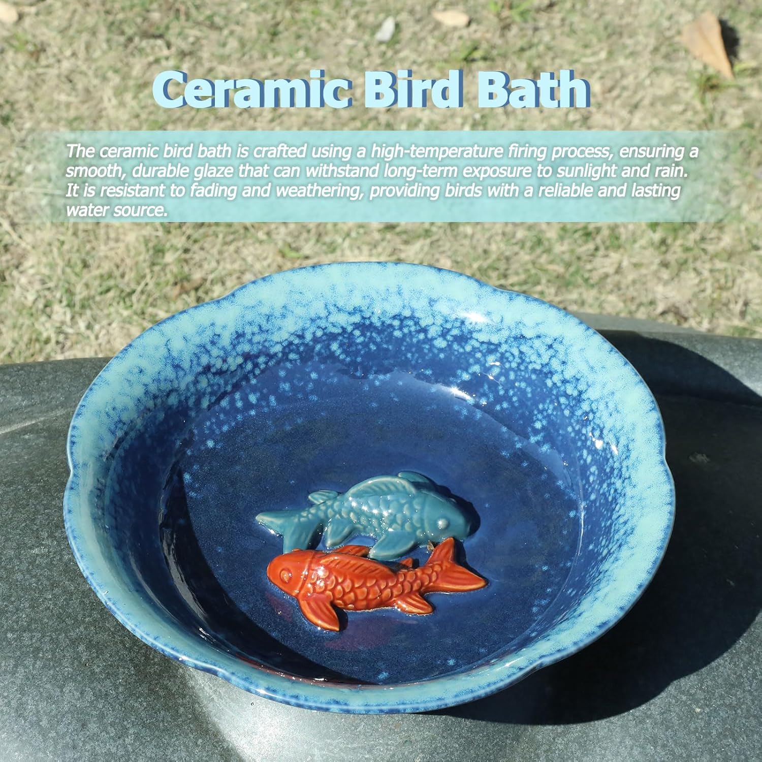 10" W Ceramic Bird Bath Bowl with 2 Koi Fish Decor,Outdoor Bird Bath & Feeder for Backyard,Garden, Patio, Deck.