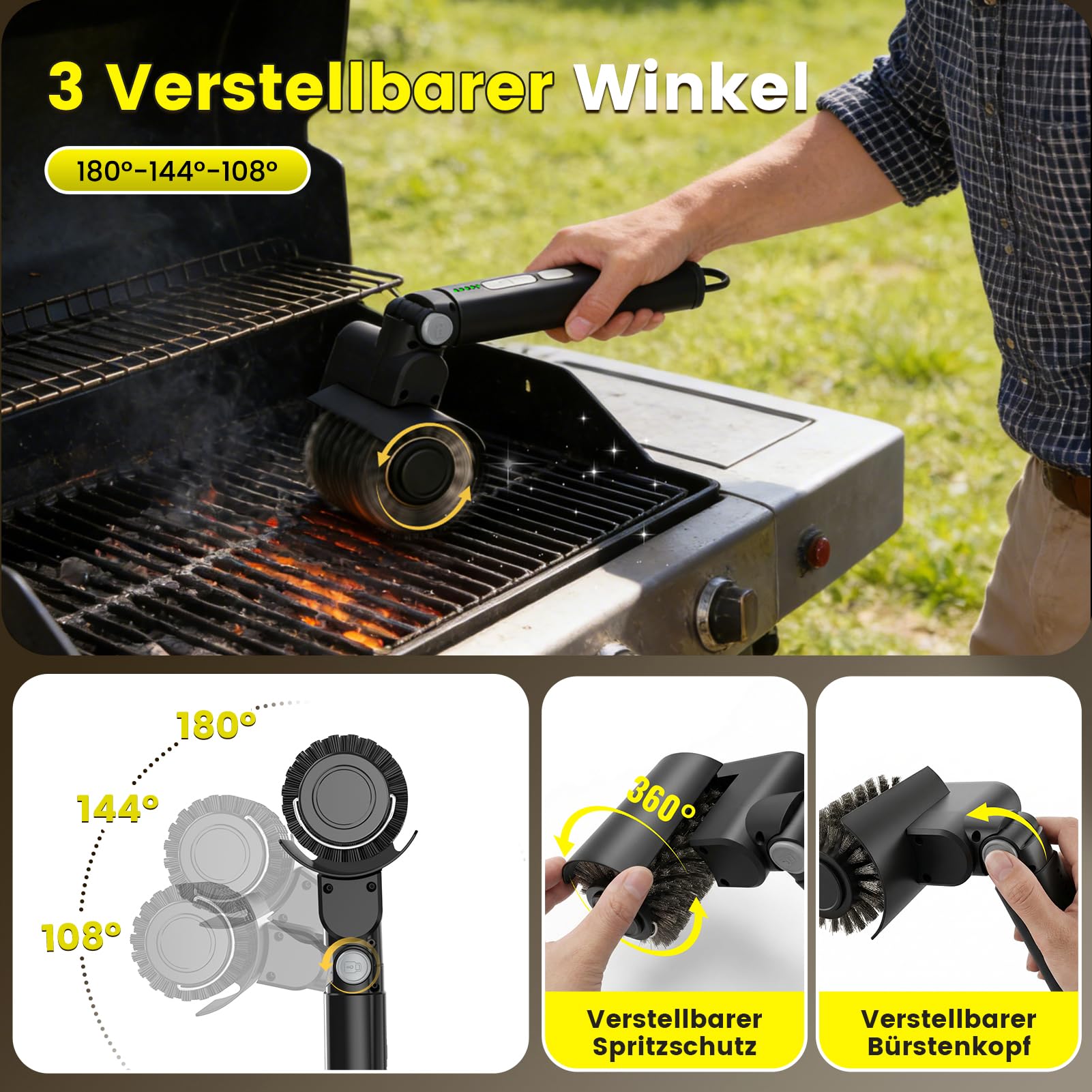 Spazzola Grill elettrica regolabile 3-fase spazzola Grill con acciaio inossidabile & lucidatura teste, spazzola impermeabile per ghisa, acciaio inossidabile & griglie a carbone