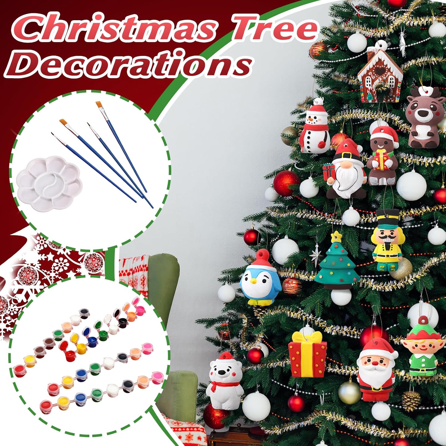 Motionchic 12 Pcs Ceramics to Paint Christmas Ornament Craft Paint Your Own Kit DIY Christmas Craft 3D Ready to Paint Ceramics Santa Snowmen Ceramic Christmas Ornaments Crafts Gifts