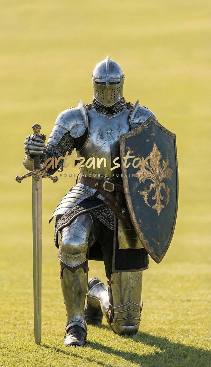 ARTIZANSTORE Medieval Knight Full Plate Armor Suit - Battle Ready Steel Armor for LARP - Warrior Knight Costume with Shield - Handcrafted Armor Set