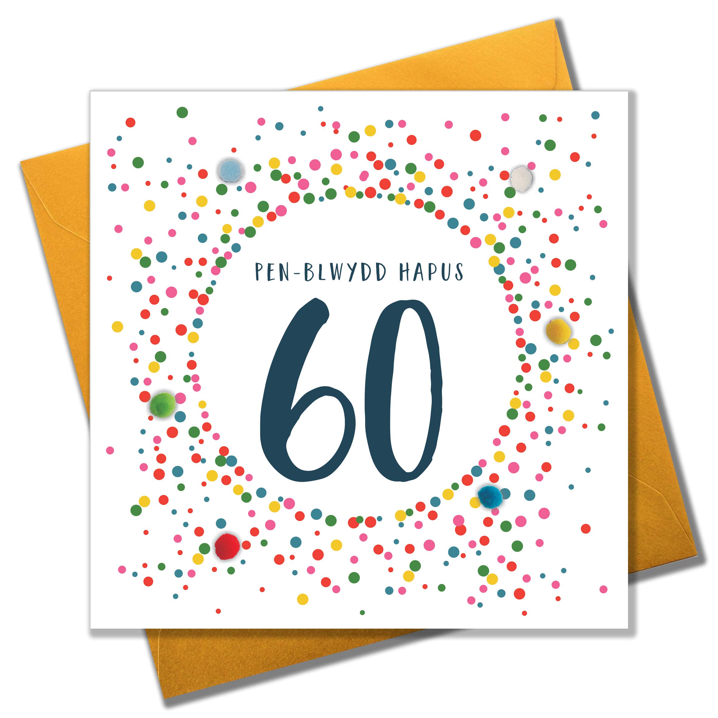 Claire Giles Greeting Cards, Welsh Happy 60th Birthday Card, Penblwydd Hapus, Dotty Age 60 Greeting Card, Embellished with Colourful Pompoms