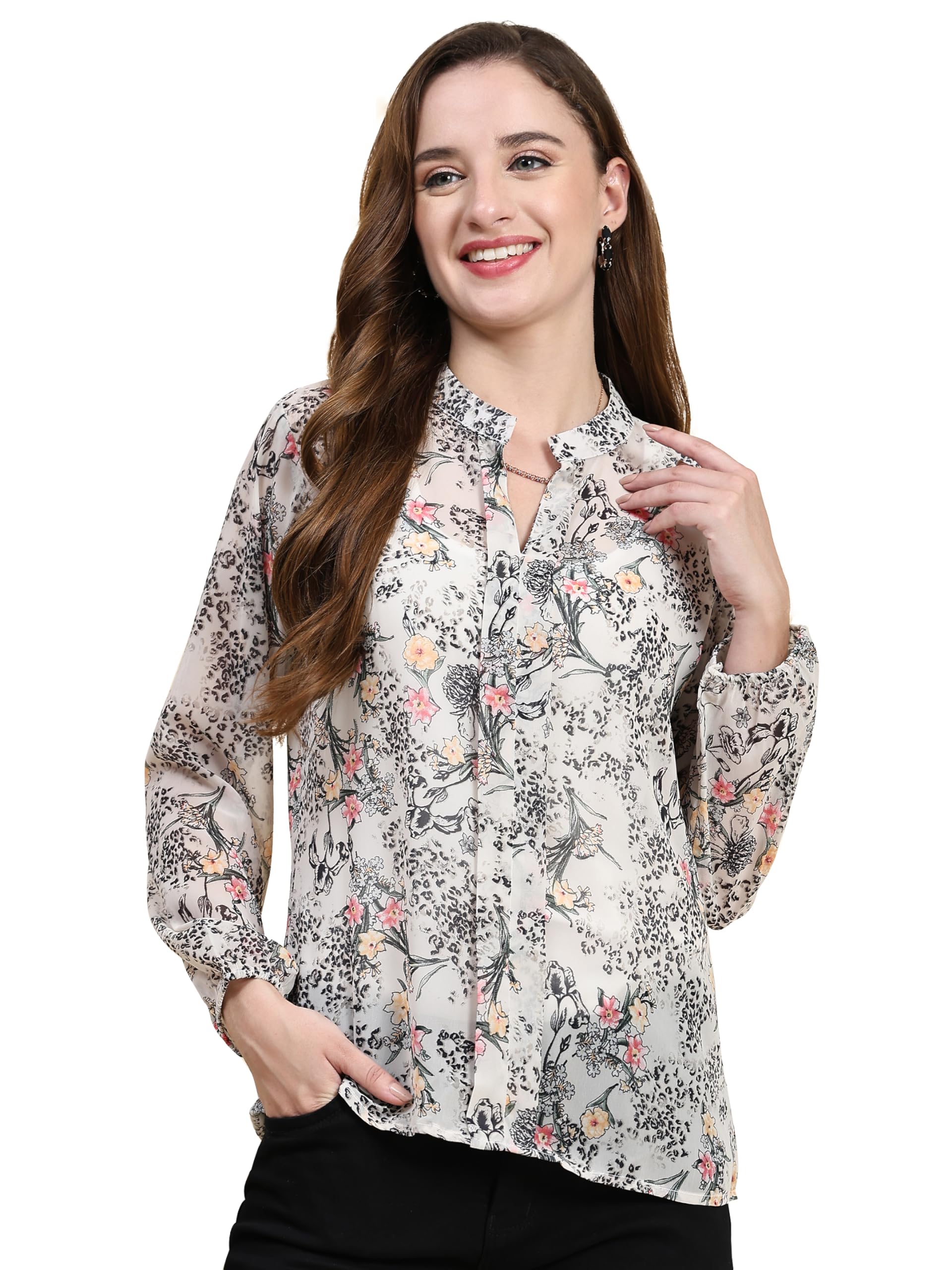 keri perry Women's Grey Georgette Floral Print Straight Western Top | Winter Top | Western Top | Top for Women | Latest Women Top | Trendy Women Top-picture-38