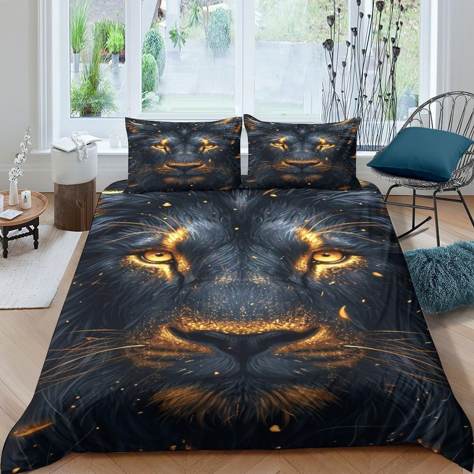 Black And Gold Lion for Boys Girls Quilt Cover Comforter Covers Duvet Cover 3D Printed Animal with Pillow Cases Bedding Set with Zipper Closure Soft Microfiber 3 Pieces King（220x240cm）