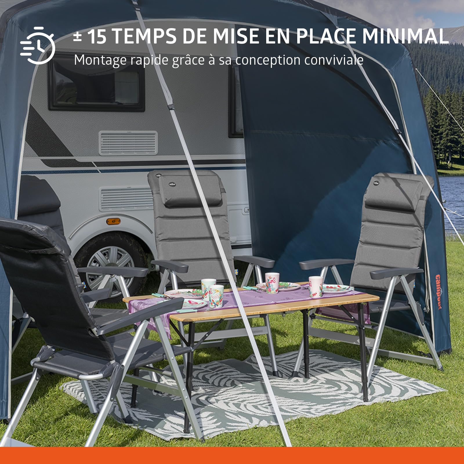 Campout Auvent Gonflable pour Caravane et Camping-Car – 300 x 250 cm – 3000 mm étanche – Hauteur de Montage 235-250 cm – Installation en 15 Min – INCL. Pompe & Haubans tempête