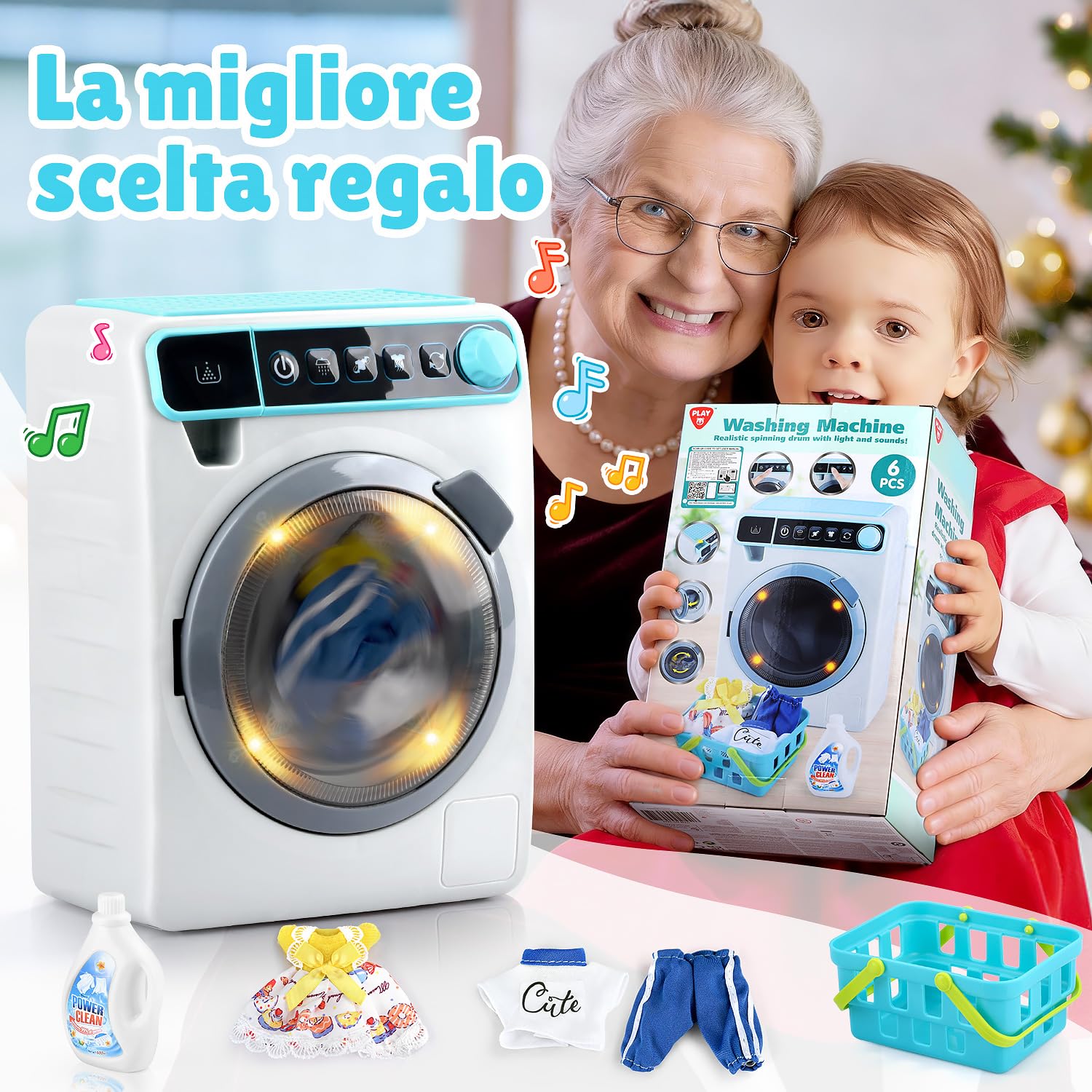 PLAY Lavatrice Giocattolo per Bambini, Elettronico Giocattolo Lavatrice con Suoni Realitici, Abbigliamento, Detersivo, Cesto Della Biancheria, Gioco di Lavanderia per Bambini da 3 Anni