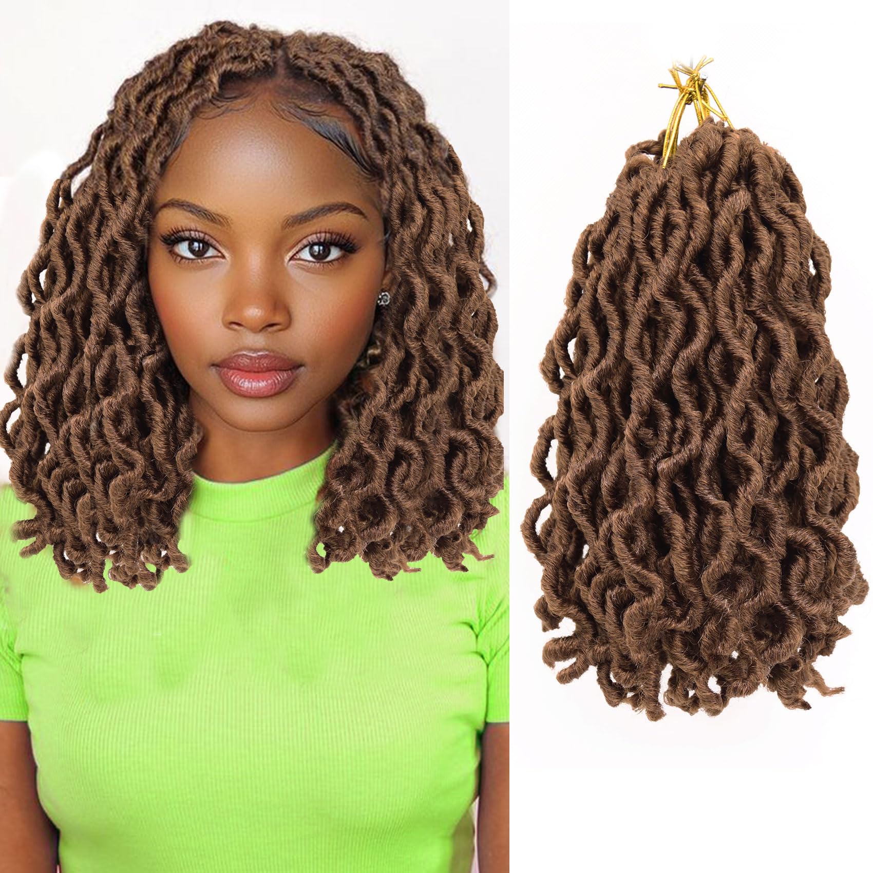 Brown Faux Locs Crochet Hair 10 Inch 6 Packs Goddess Locs Crochet Hair for Black Women, Prelooped Short Gypsy locs Crochet Hair for Wavy Crochet