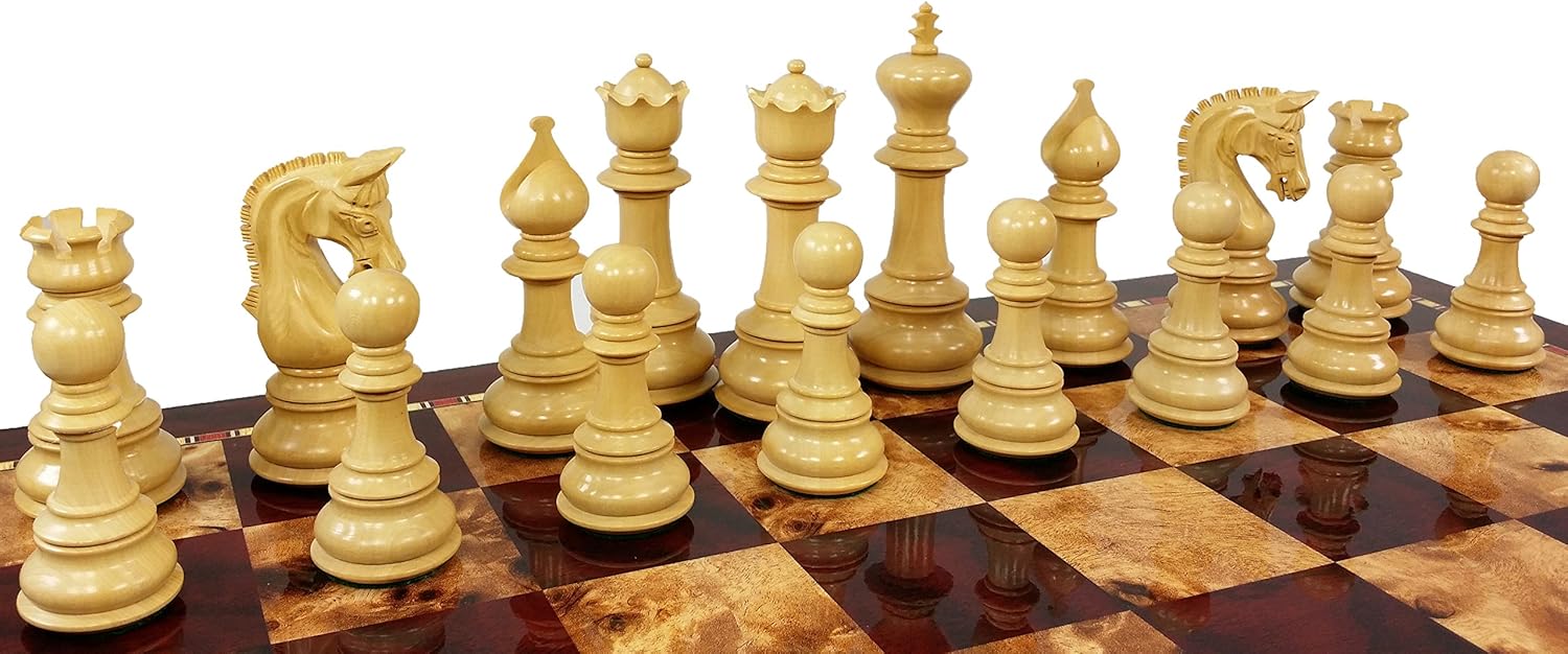 4 Queens - Large 4 3/8" King Staunton Luxury Bud Rosewood Chess Men Set W/ 20" Cherry Color Storage Board