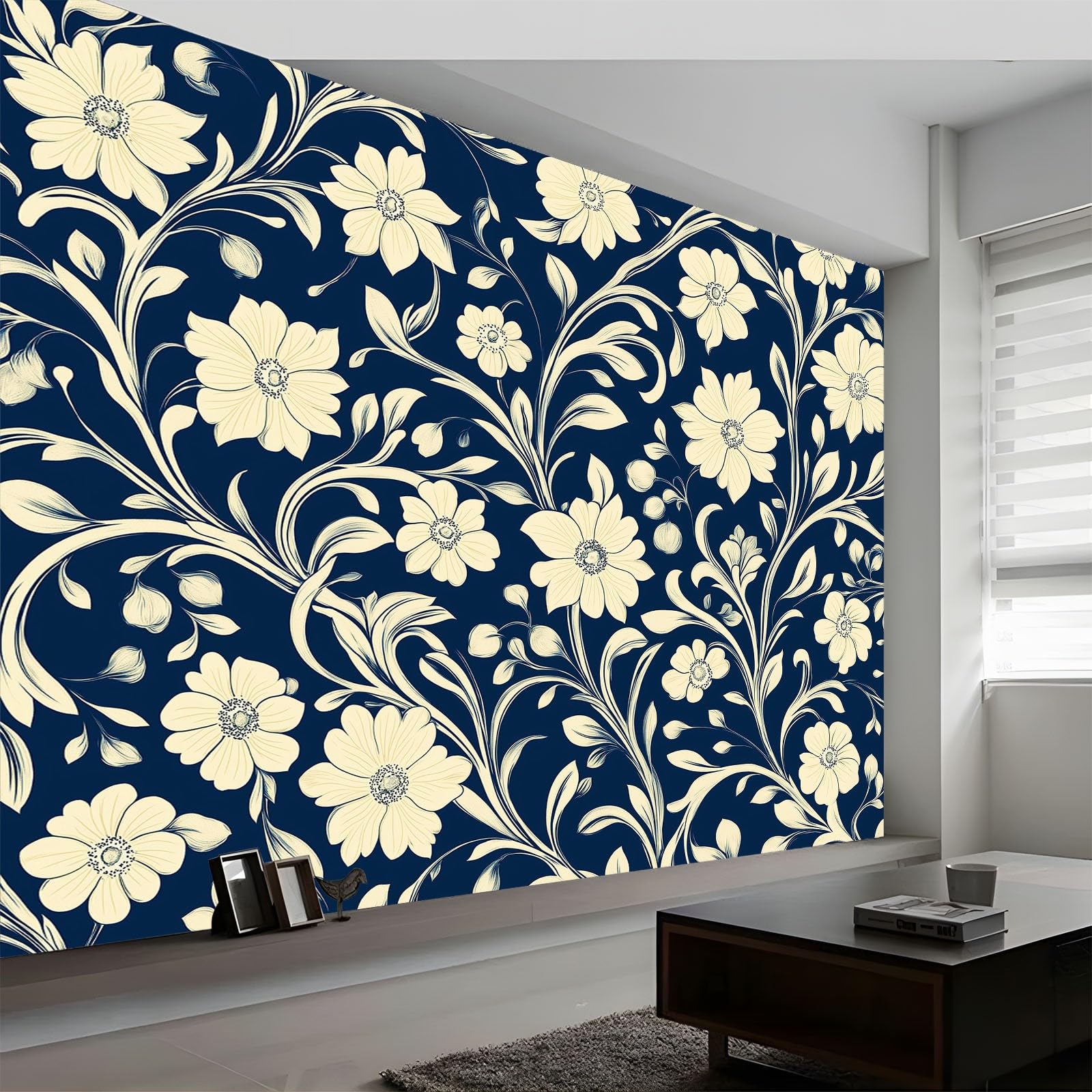 Tapeta ścienna w stylu retro, liście roślin pnących, fototapeta, granatowa, tapeta ścienna, 250 x 175 cm (szer. x wys.), dekoracja ścienna, tapeta ścienna, dekoracja ścienna, tapeta do salonu