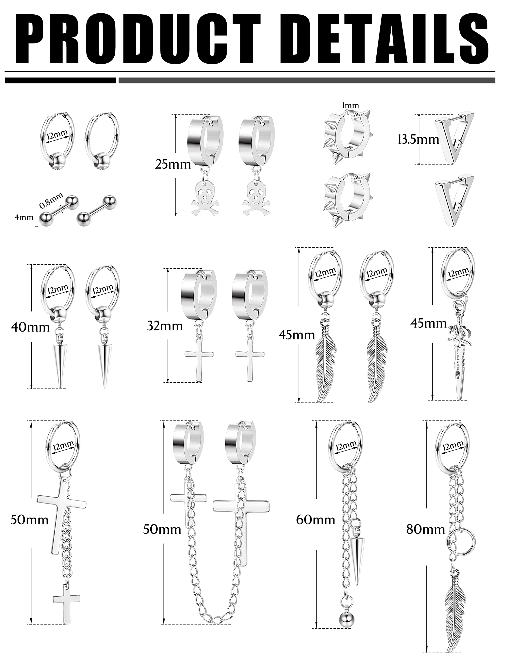 21-teilige Creolen aus 316L-Edelstahl für Herren und Damen, baumelnde Kettenohrringe, Punk-Gothic-Kpop-Ohrringe, Blatt-Kreuz-Ohrringe-Set, Unisex