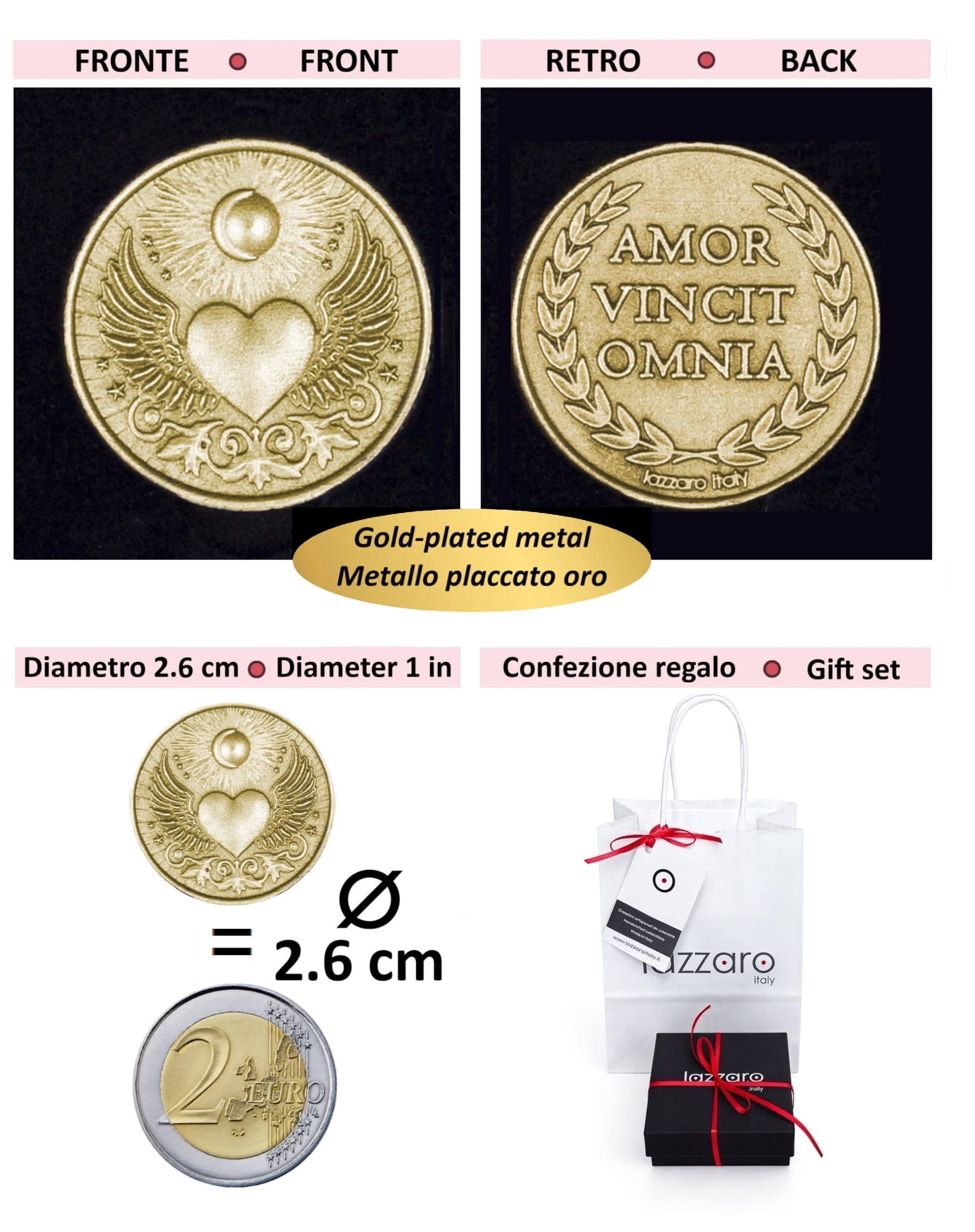 Pièce d’amour pour chance et protection: Amor Vincit Omnia. Idée cadeau femme, homme, maman, grands-parents, Saint-Valentin, anniversaires, occasions spéciales. Métal plaqué or. Made in Italy