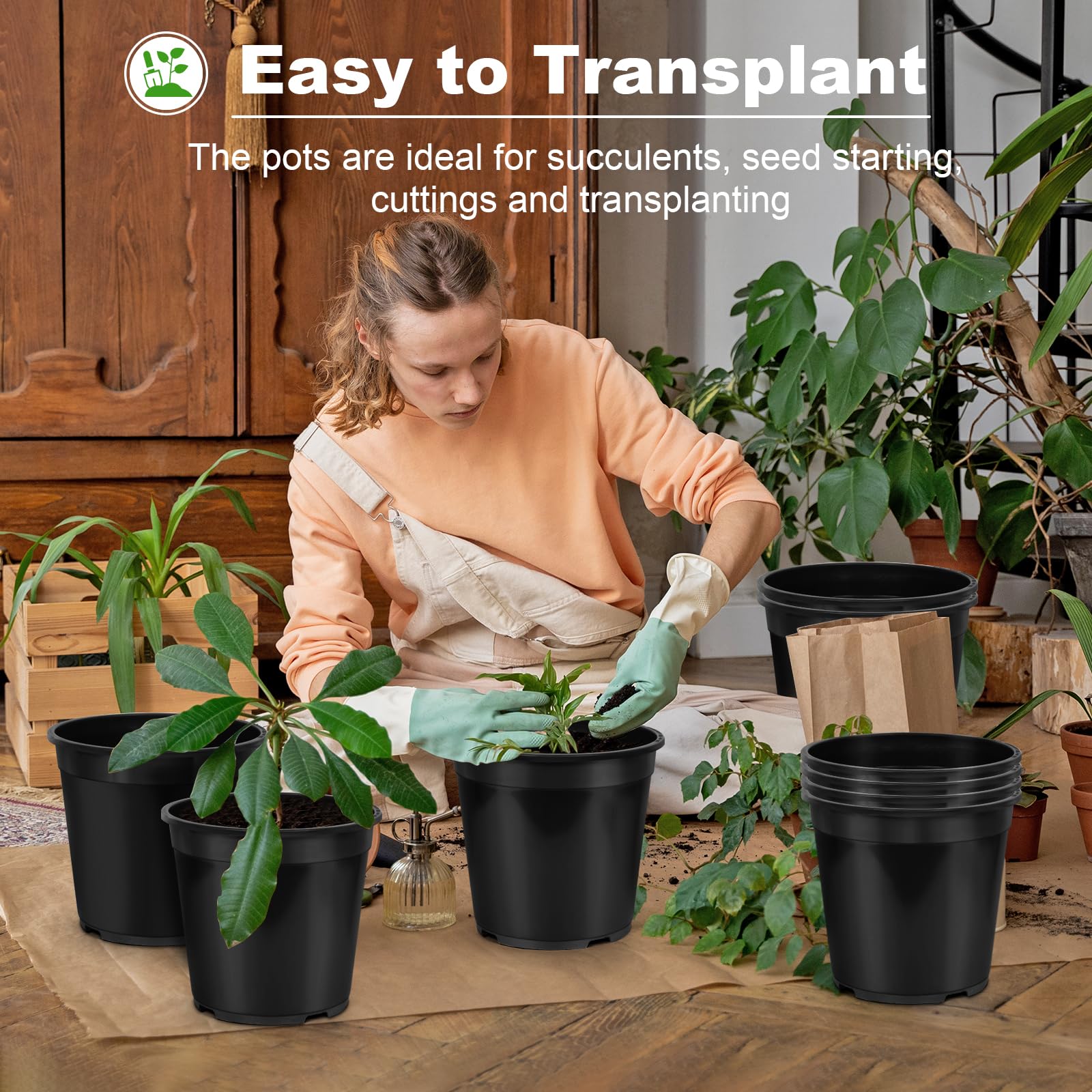 6 macetas de plástico de 3 galones para Plantas, 1, 2, 3, 5, 7 galones con Agujeros de Drenaje, macetas para semilleros para guardería, jardín, Flores, suculentas al Aire Libre e Interior