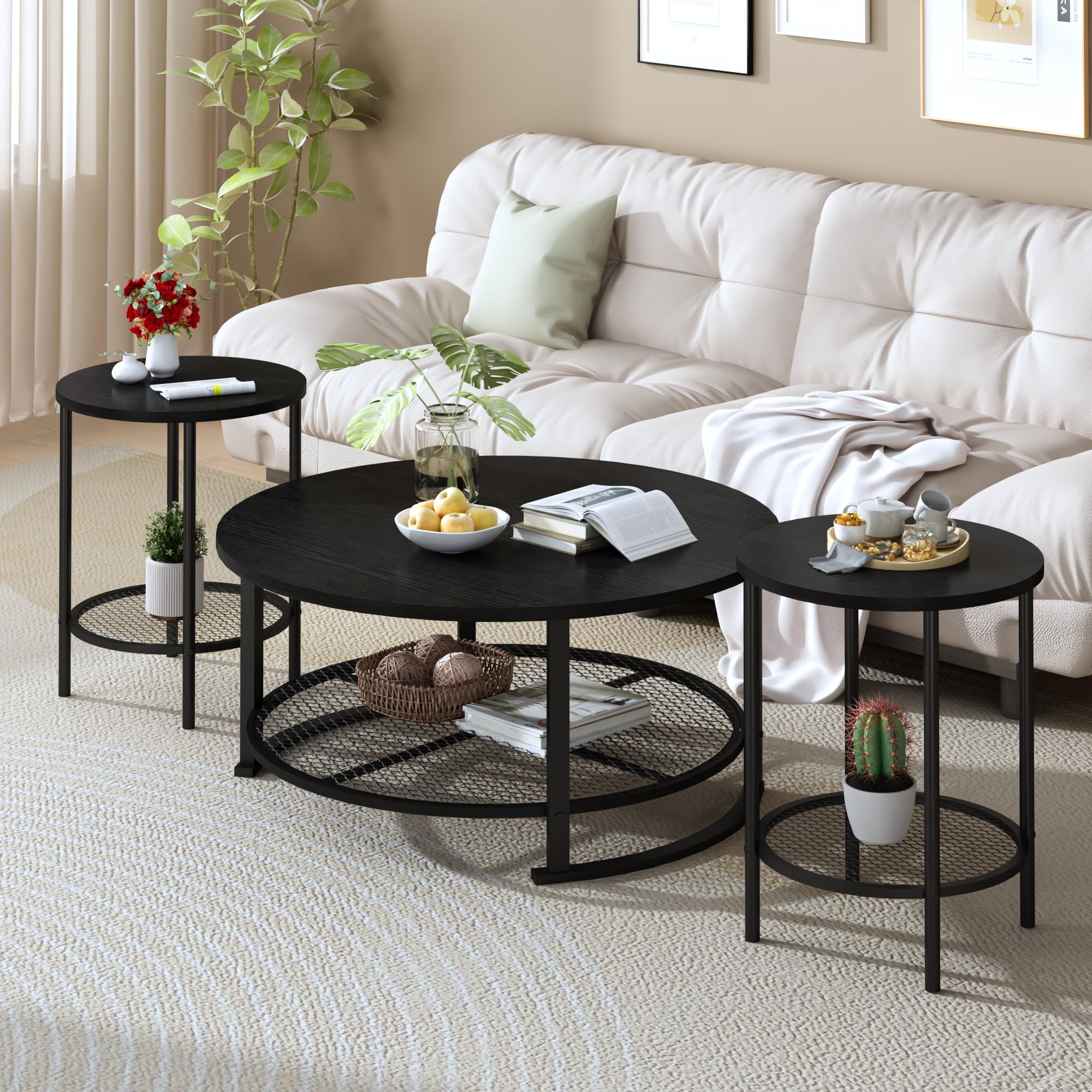 Recaceik round coffee table and two end tables set of 3 with storage shelves in black