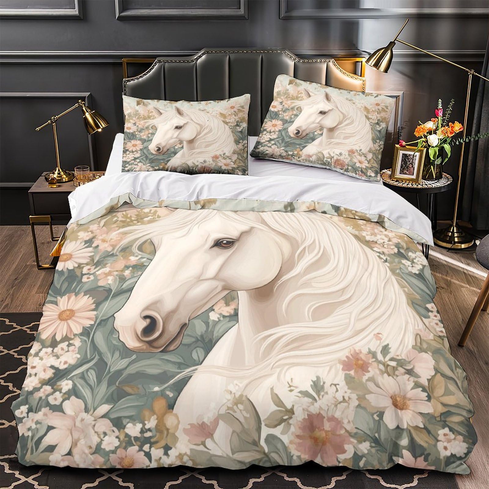 Housse de couette cheval blanc 3D 260x220cm pour lit adulte et ado