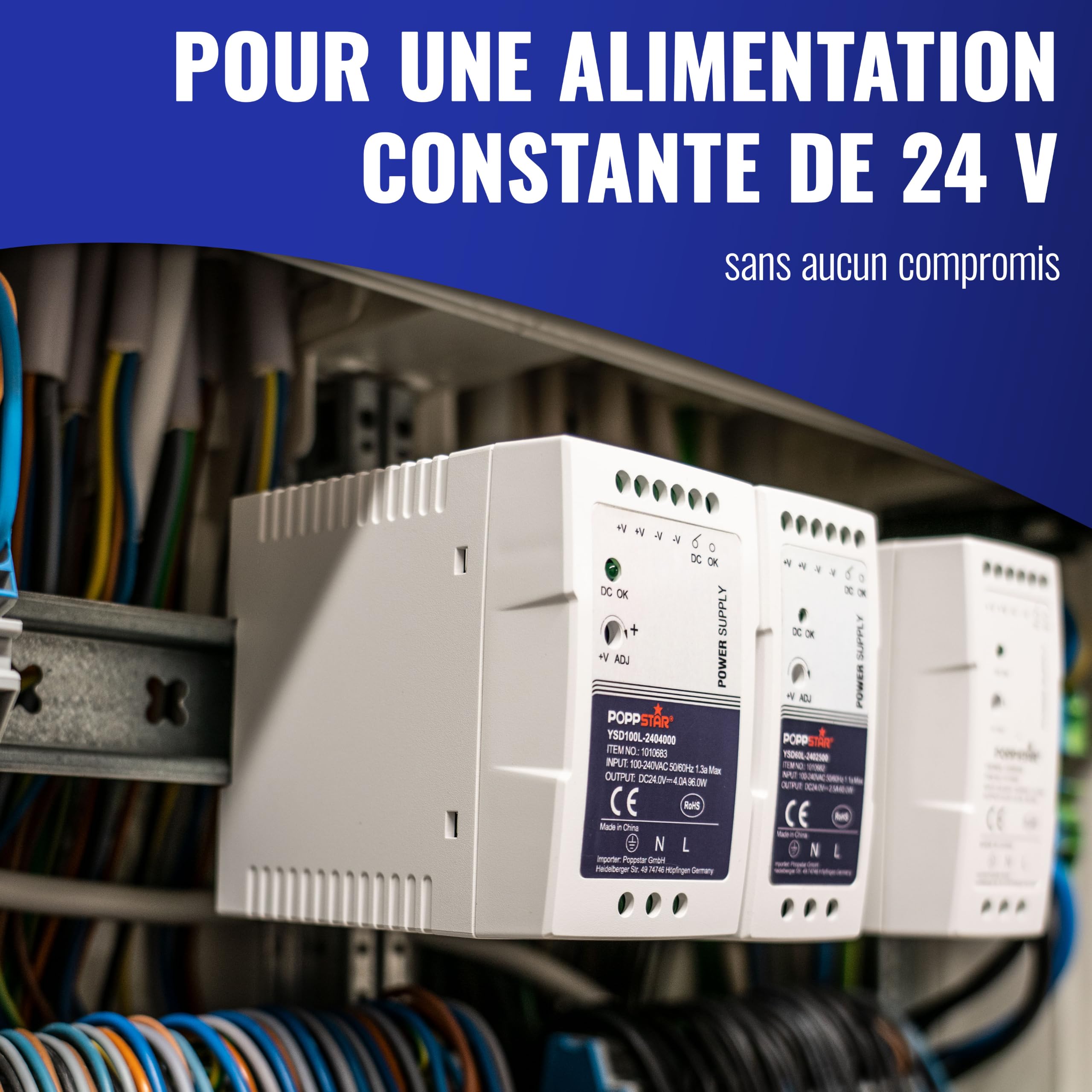 Poppstar Alimentation pour rail DIN ultra-mince 24V DC 2,5 A 60 W (bloc d'alimentation pour rail DIN 24V 2,5A / transformateur pour rail DIN) 40x100x92mm