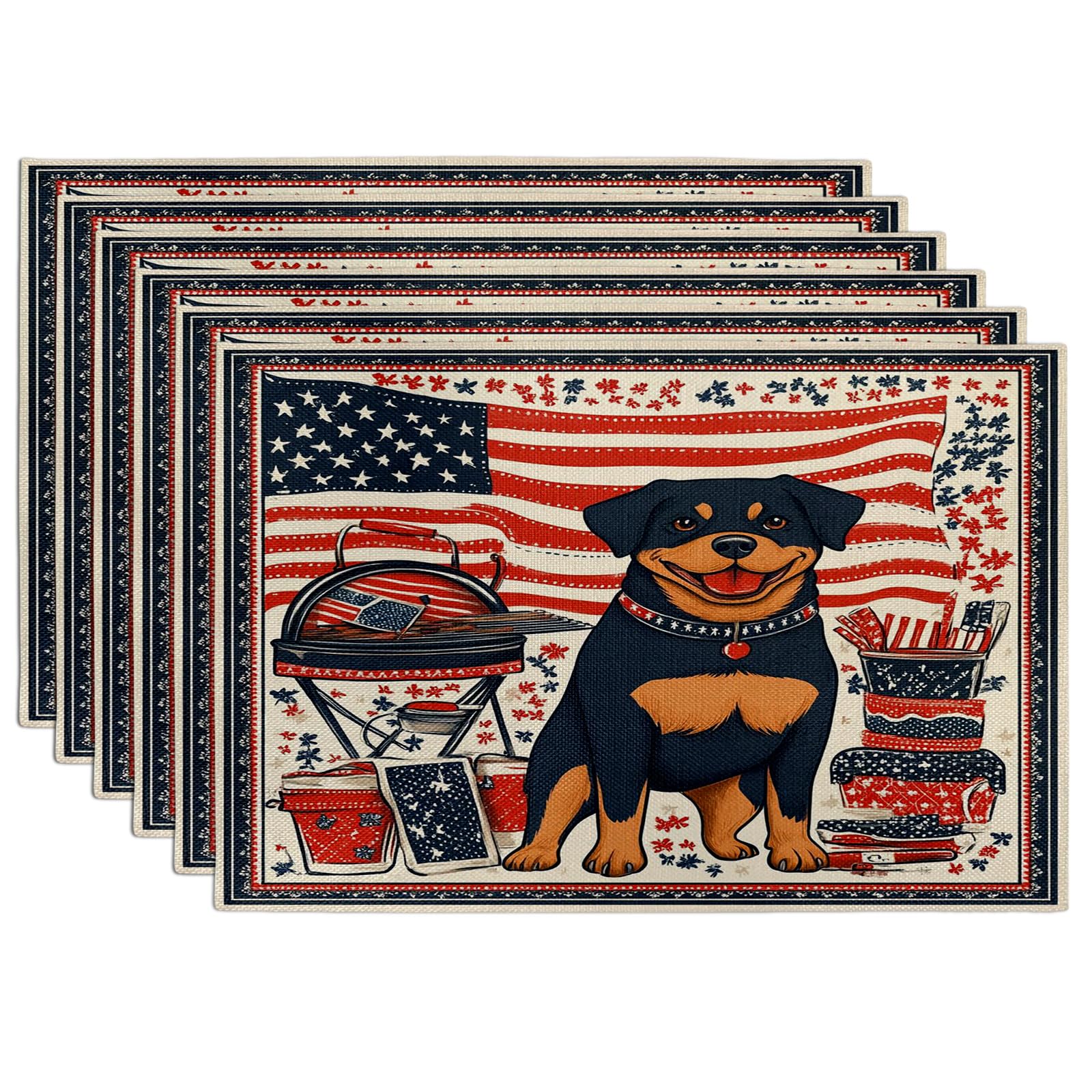6er-Set patriotische Tischsets mit amerikanischer Flagge und Hundemotiv,