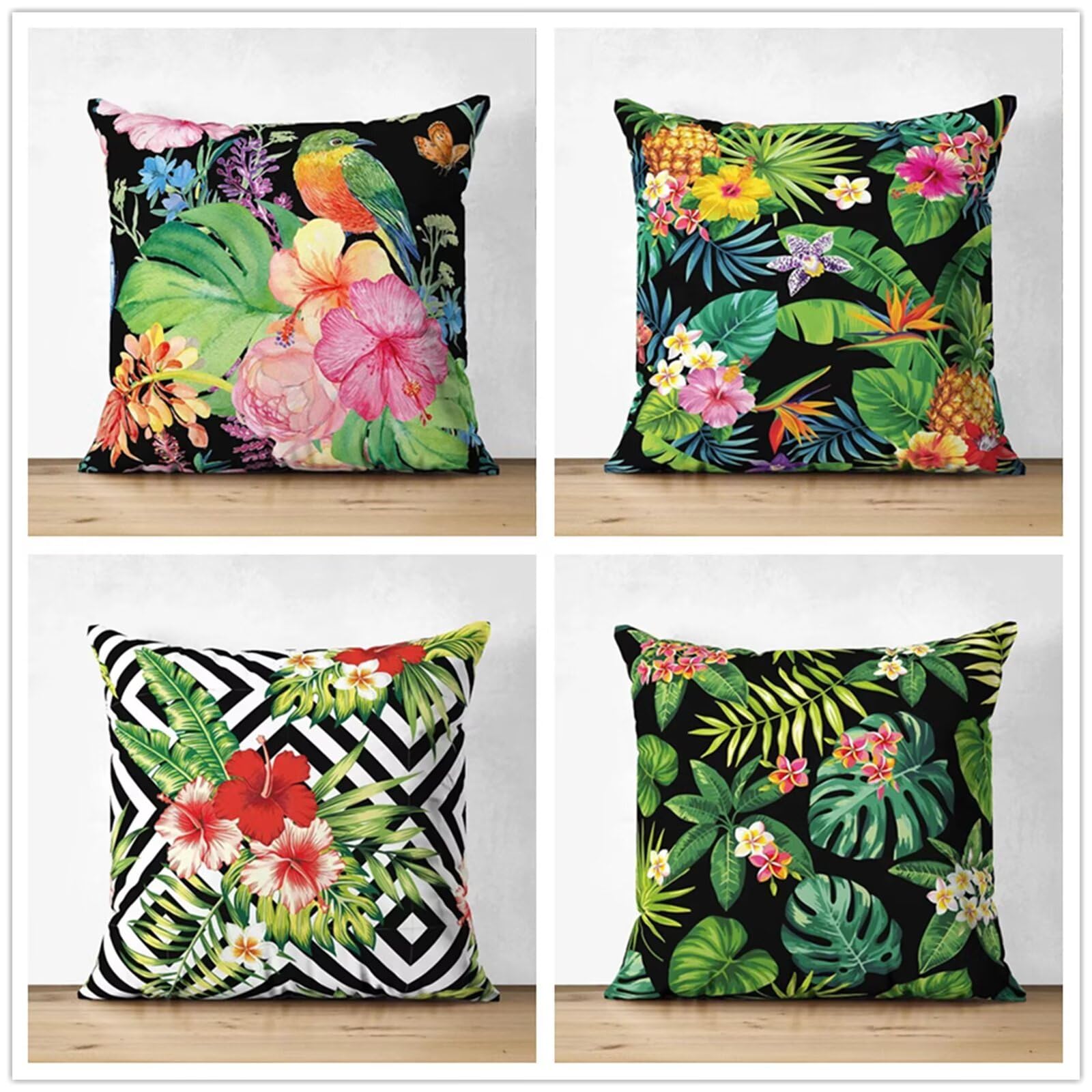 Heaen Outdoor Cushions Covers Waterproof 55x55 cm Set of 4 Square Linen Pillow Cases Geometric Flowers Decorative Dushions for Sofa Porch Patio Home Decor