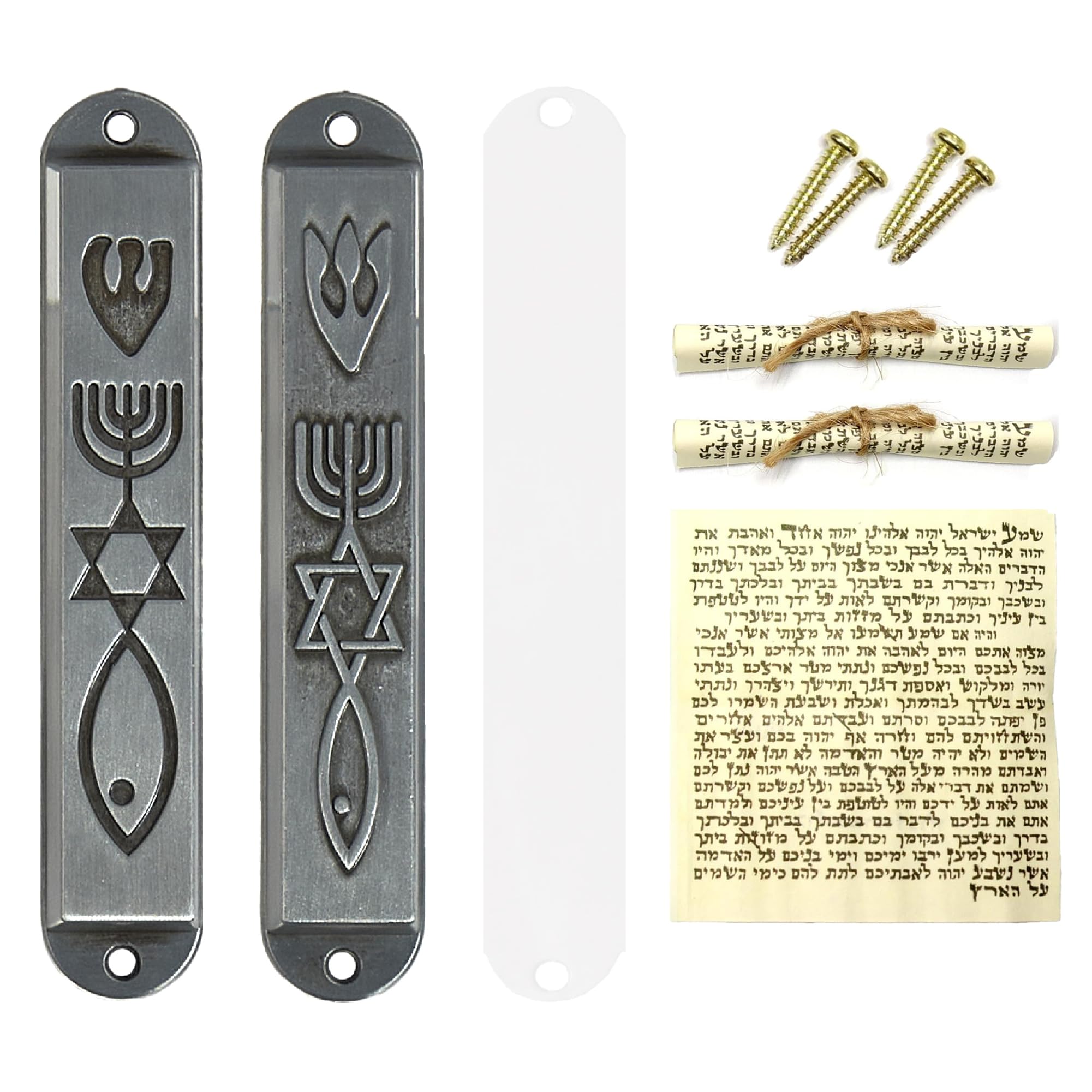 CAMATET Messianic Mezuzah with Scroll for Door, Set of 2 Metal Mezuzah Cases for Jewish House Warming Gift, Hannukah Decor (Retro Silver, 8 cm / 3.1 Inch)