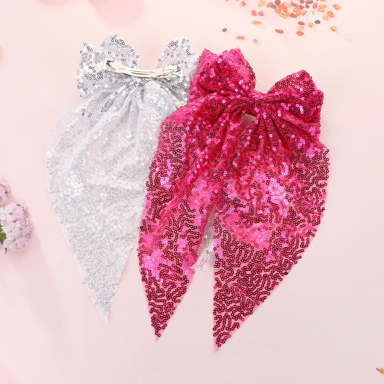 2pcs Sequin Bow Hair Bow Tie Big Glitter Bow Hair Clips,UHOMENY Bow knot Hair Styling Clips Hair Barrettes Wedding Hair Clips Double Bow Sparkly Large Ribbon Headdress Hair Accessories (Silver - Image 4