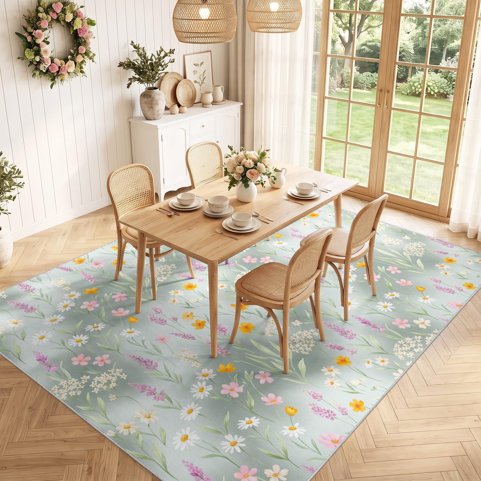 Générique Tapislavables 60 x 120 cm, Moquette d’Accent antidérapante Moderne Élégant avec Motif en Rayures Fleurs Moquette intérieure à Poils Bas pour Salon