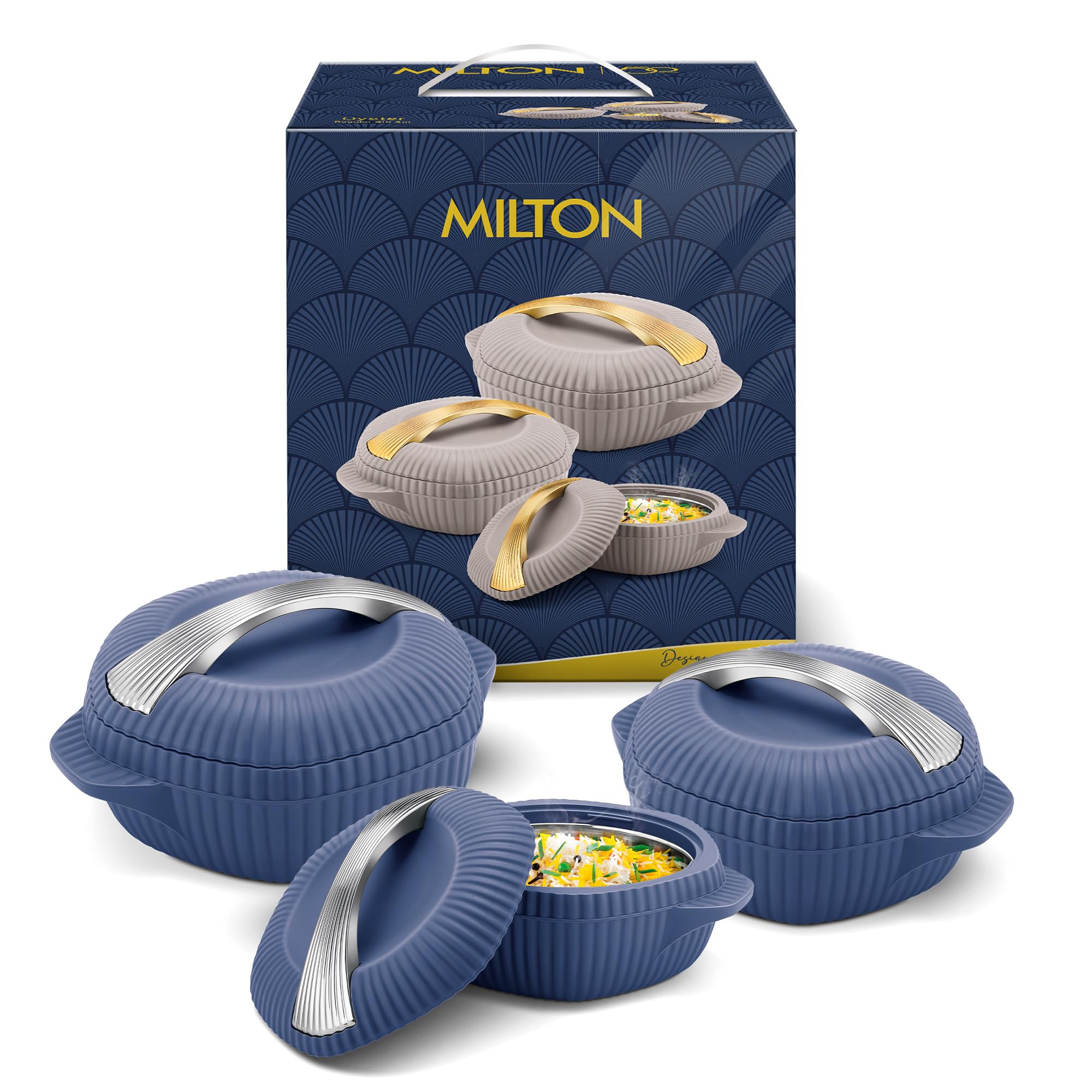 MILTON Oyster Reg. Gift Set PU Insulated Casserole, Set of 3 (860 ml, 1275 ml, 1910 ml), Royal Blue, BPA Free, Food Grade, Hot and Cold, Easy to Carry, Easy to Store, Chapati, Roti, Curd Maker