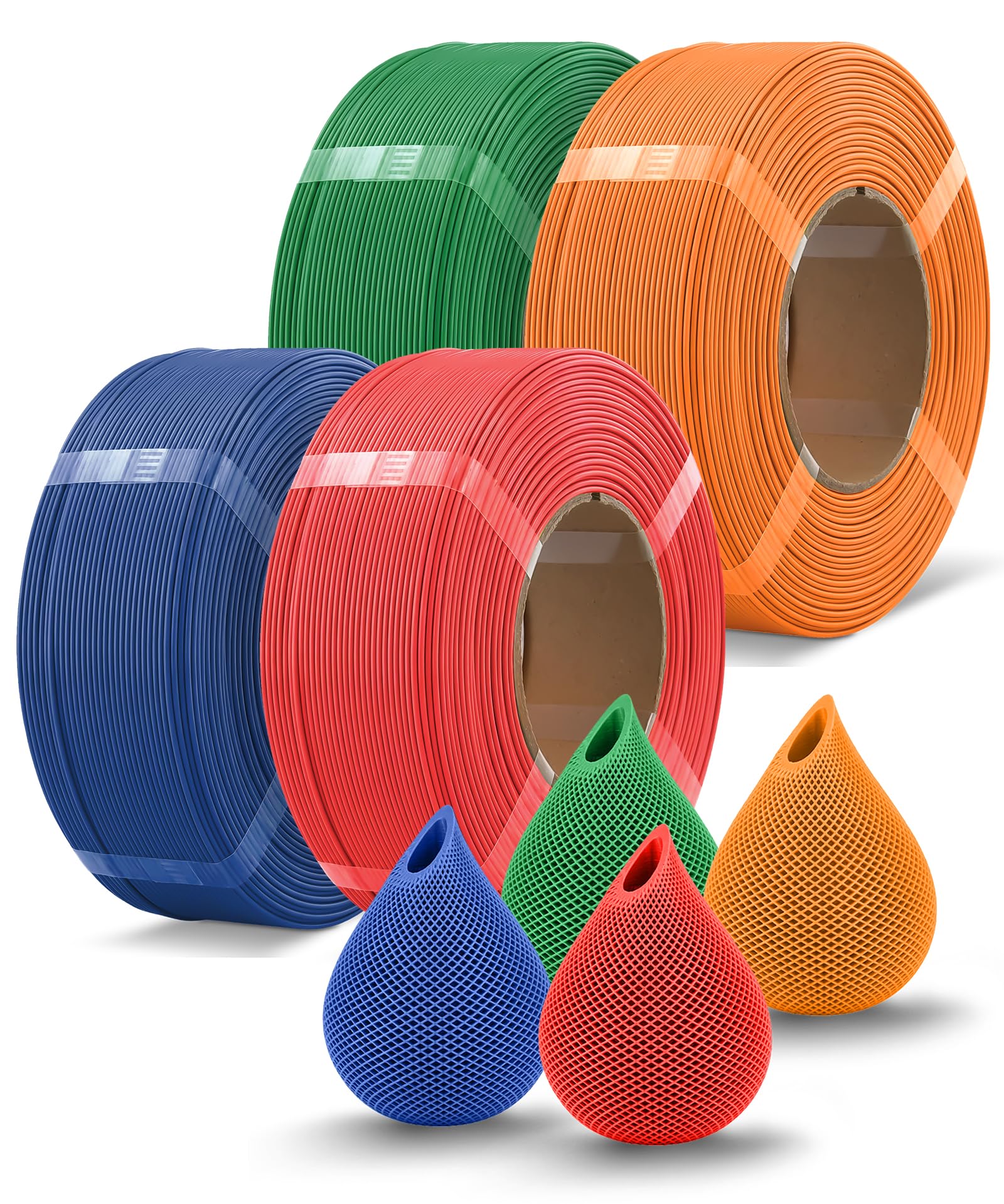 OVERTURE Lote de 4 kg de Filamento PLA de Recarga 1,75 mm para Impresora 3D, Paquete de 4 recargas de 1 kg PLA para Carrete Reutilizable de Bambu Lab, Precisión de ±0,02 mm(Verde+Rojo+Azul+Naranja)