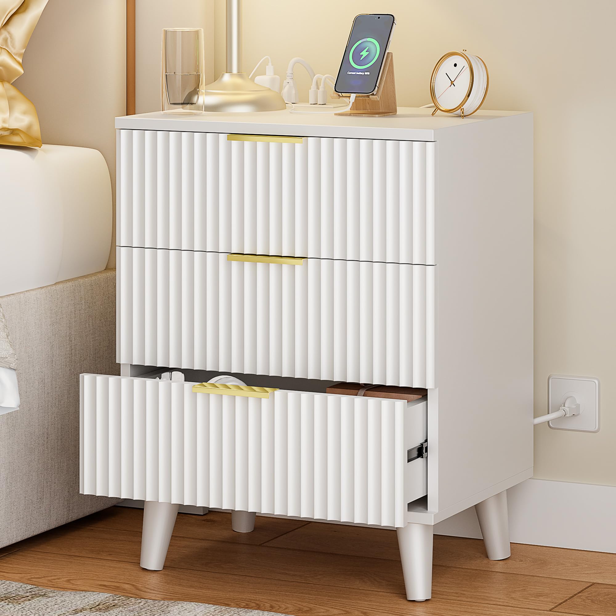 Detailed product dimensions and weight capacities for the Lulive 3-drawer nightstand.