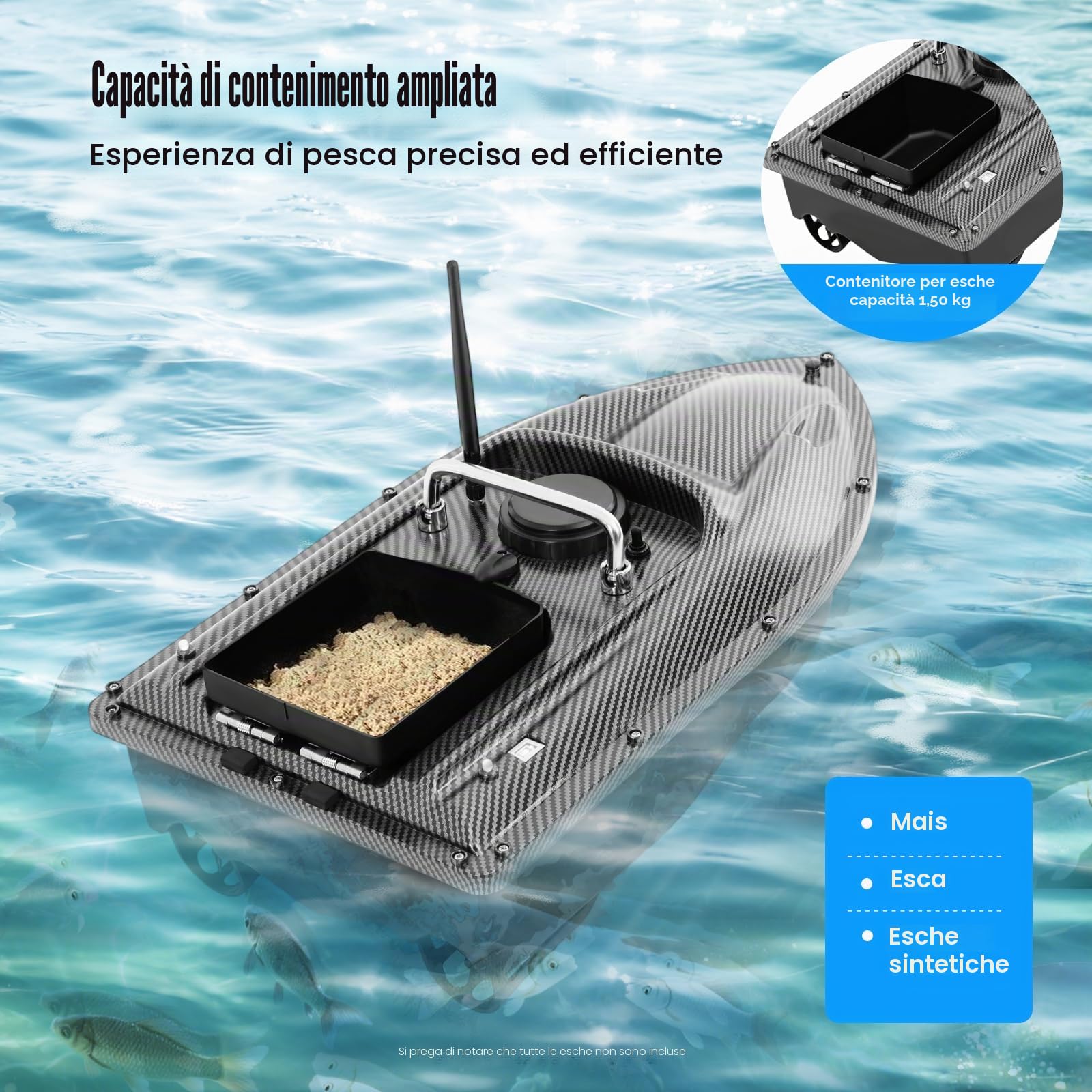 MINRS Esca da Pesca Telecomandata da 500 m, Con GPS, Notturna, 1,5 kg, Luce LED e Anti-Tangle per Laghi, Fiumi, Mari - Nero