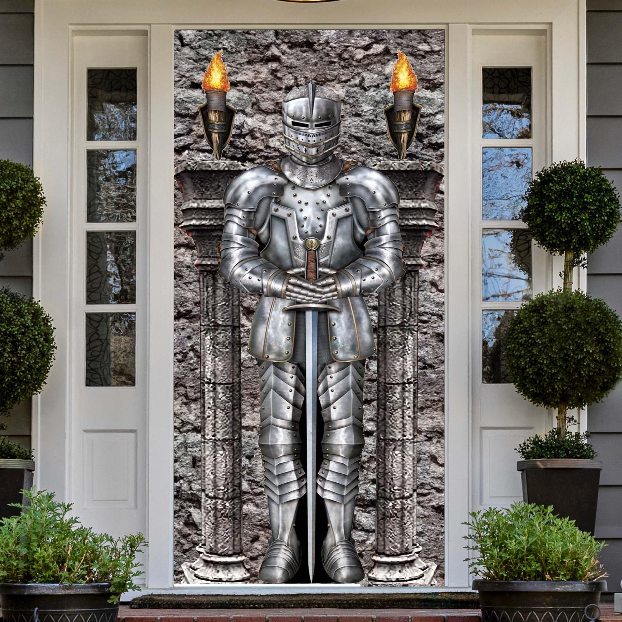 Castle Entrance Jointed Suit of Armor Knight Door Cover Banner Backdrop Medieval Theme Door Sign Door Decor for Medieval Party Decorations Halloween